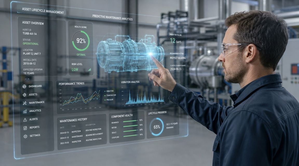 A technician using a futuristic augmented reality interface to monitor industrial machinery in a factory.