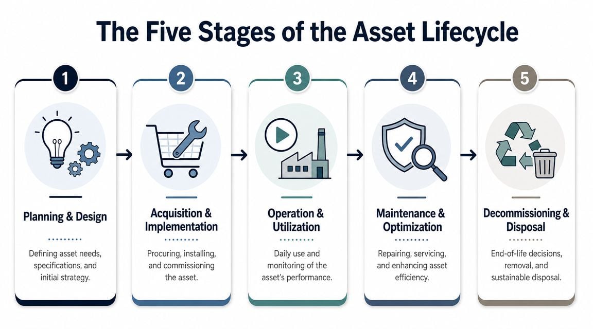 A diagram outlining the five sequential stages of the asset lifecycle from planning to decommissioning and disposal.