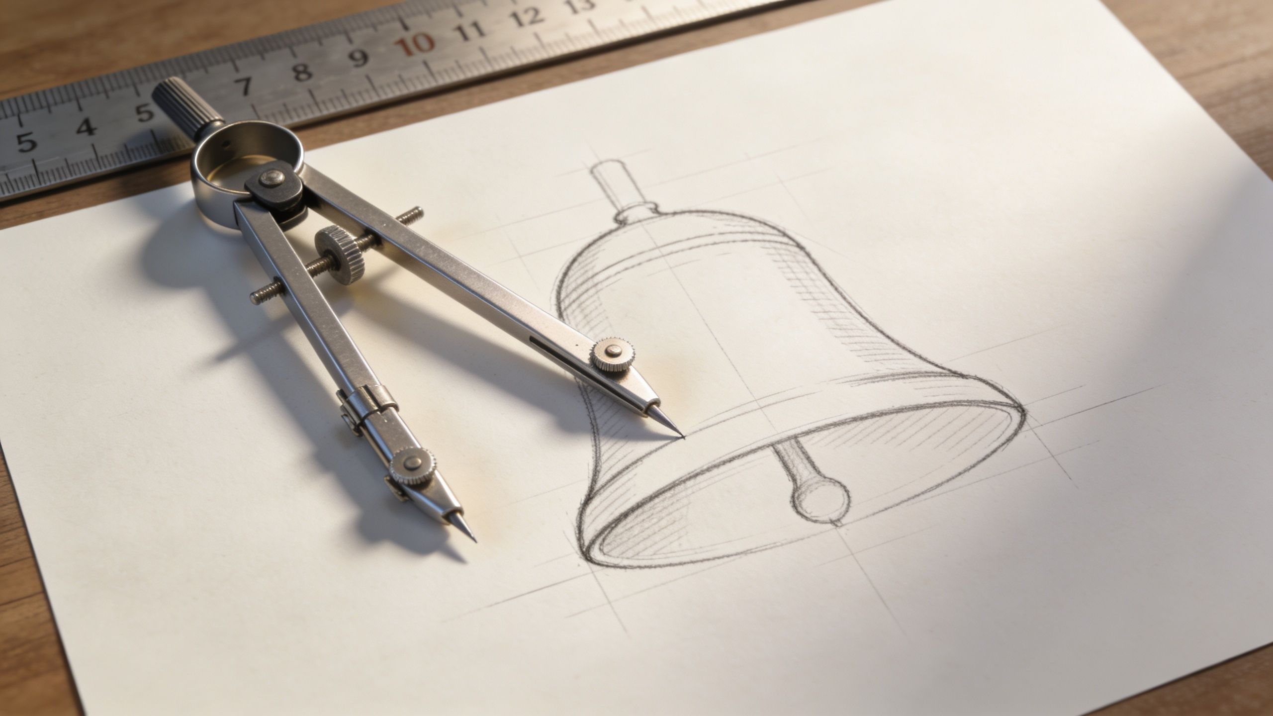 A compass resting on a technical drawing of a bell on a piece of white paper.
