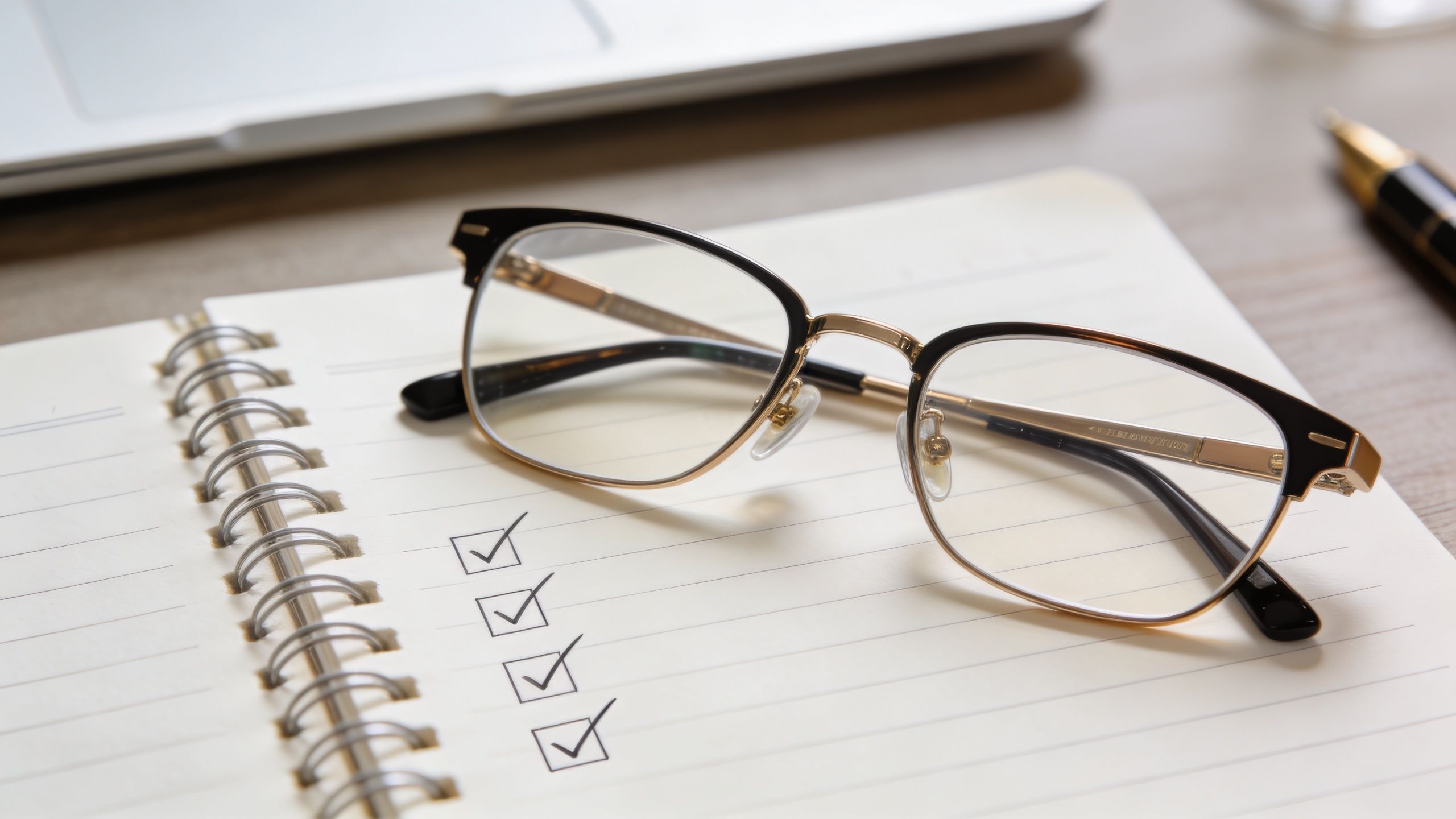 A close-up view of eyeglasses resting on an open notebook featuring a completed checklist of tasks.
