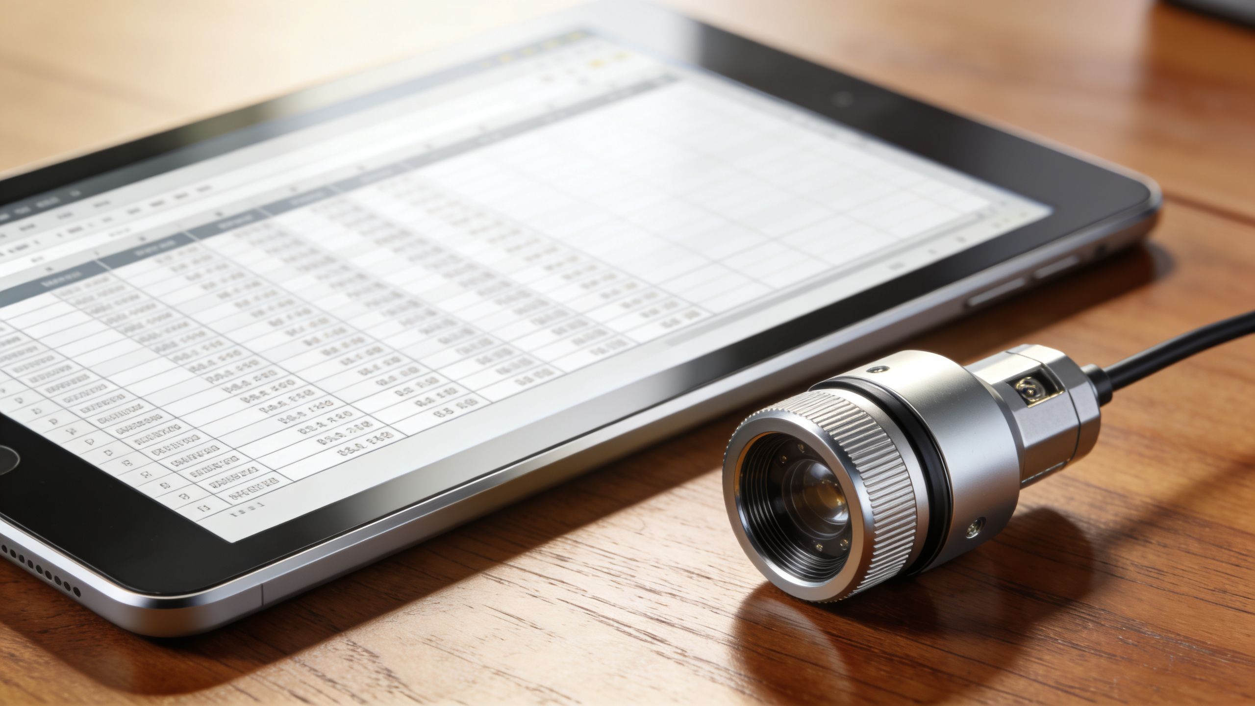 A professional industrial camera lens positioned next to a tablet displaying a detailed data spreadsheet.