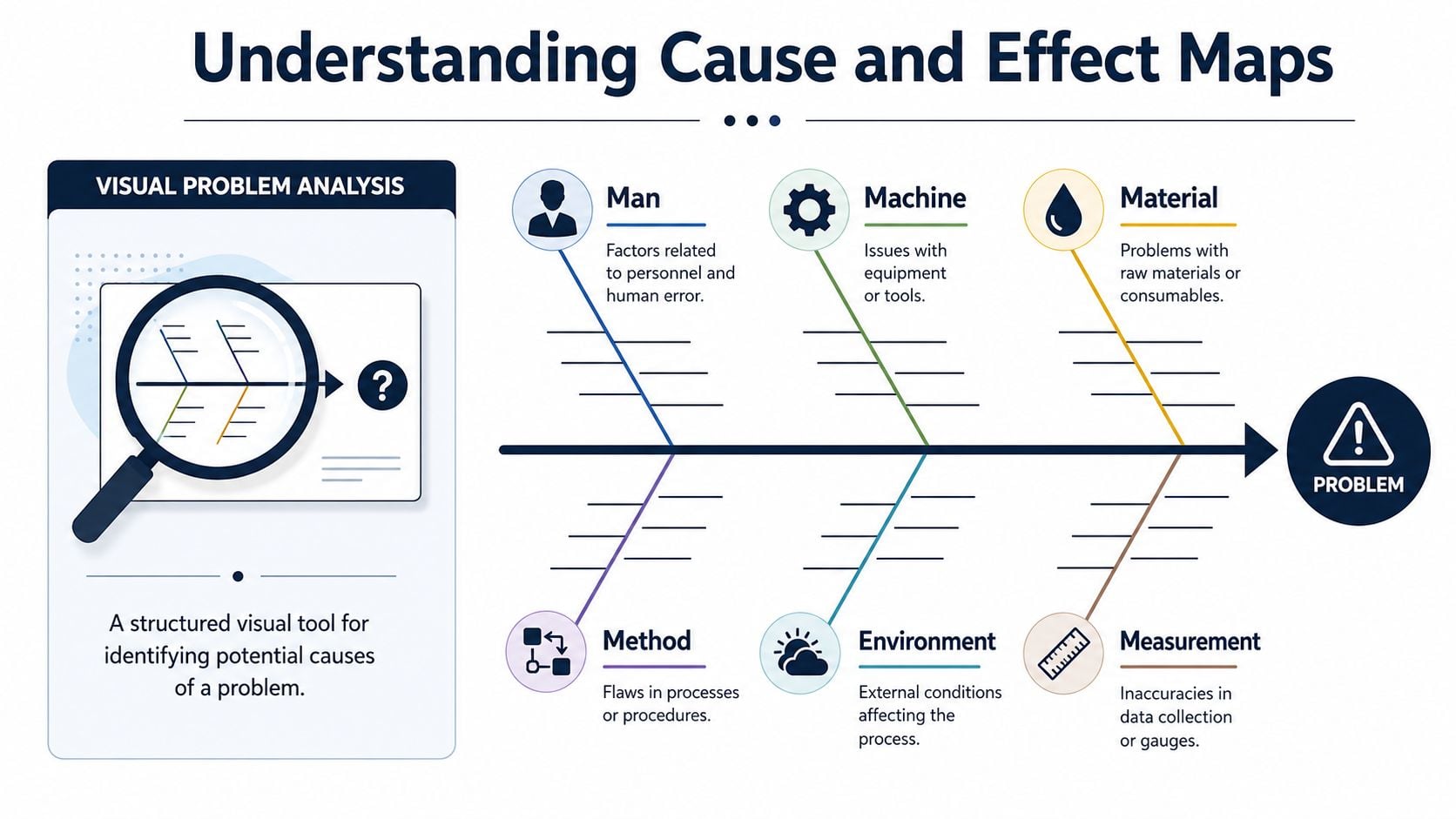 An infographic diagram explaining cause and effect maps with categories like man, machine, material, method, environment, measurement.