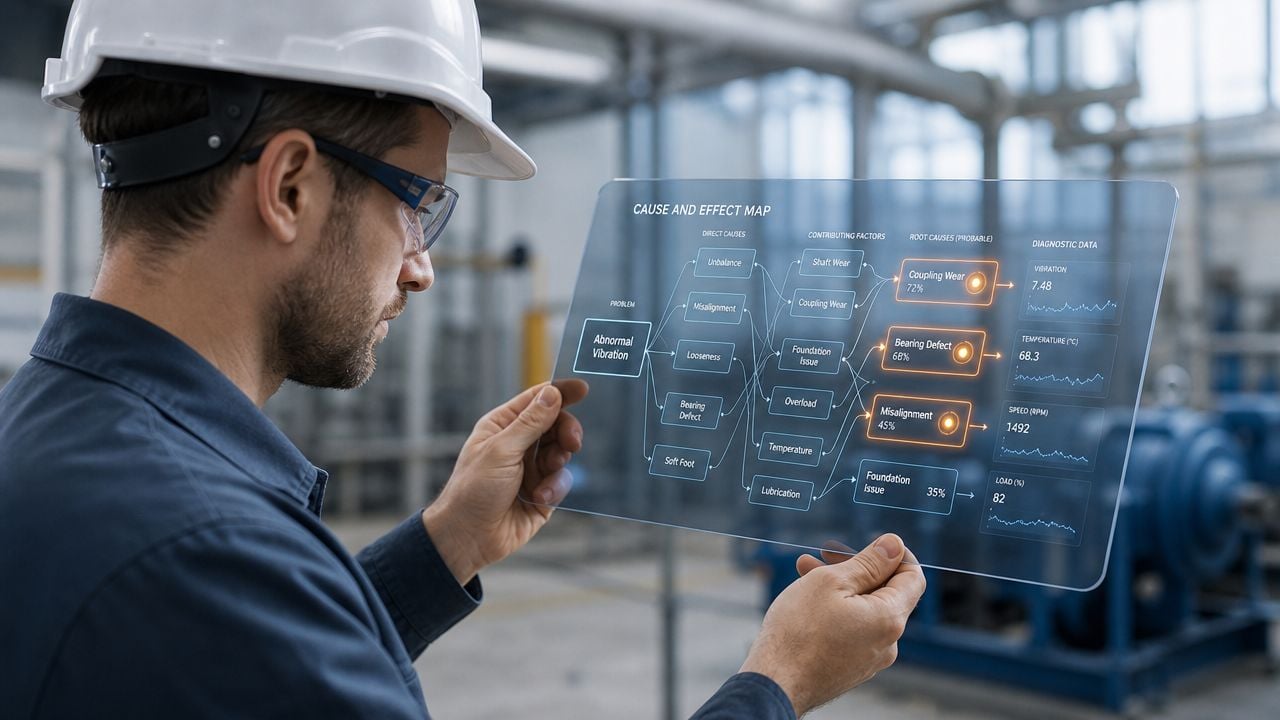 An industrial engineer in a hard hat examines a holographic cause and effect chart in a factory.