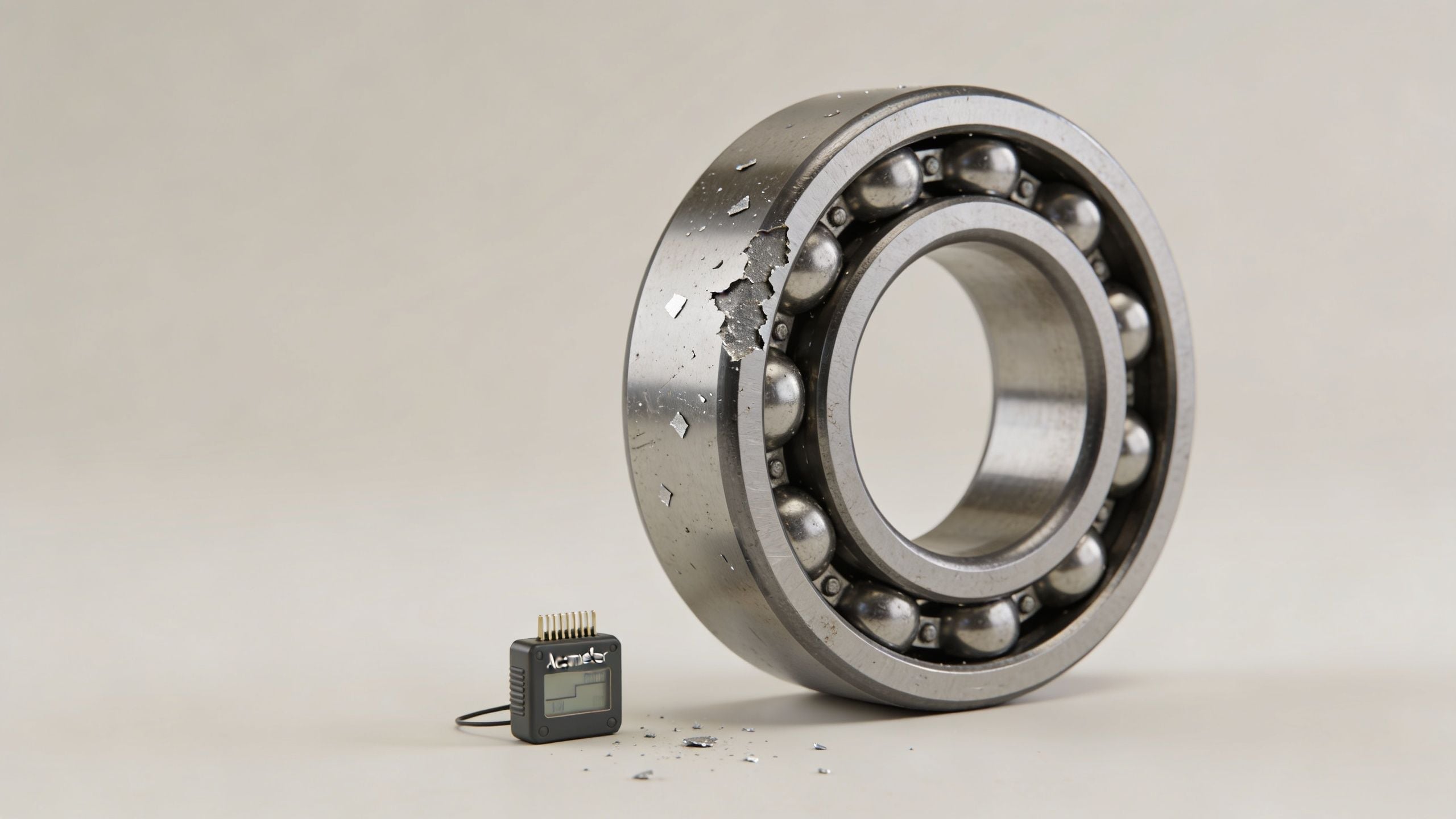 A damaged industrial ball bearing next to a small electronic sensor on a neutral background.