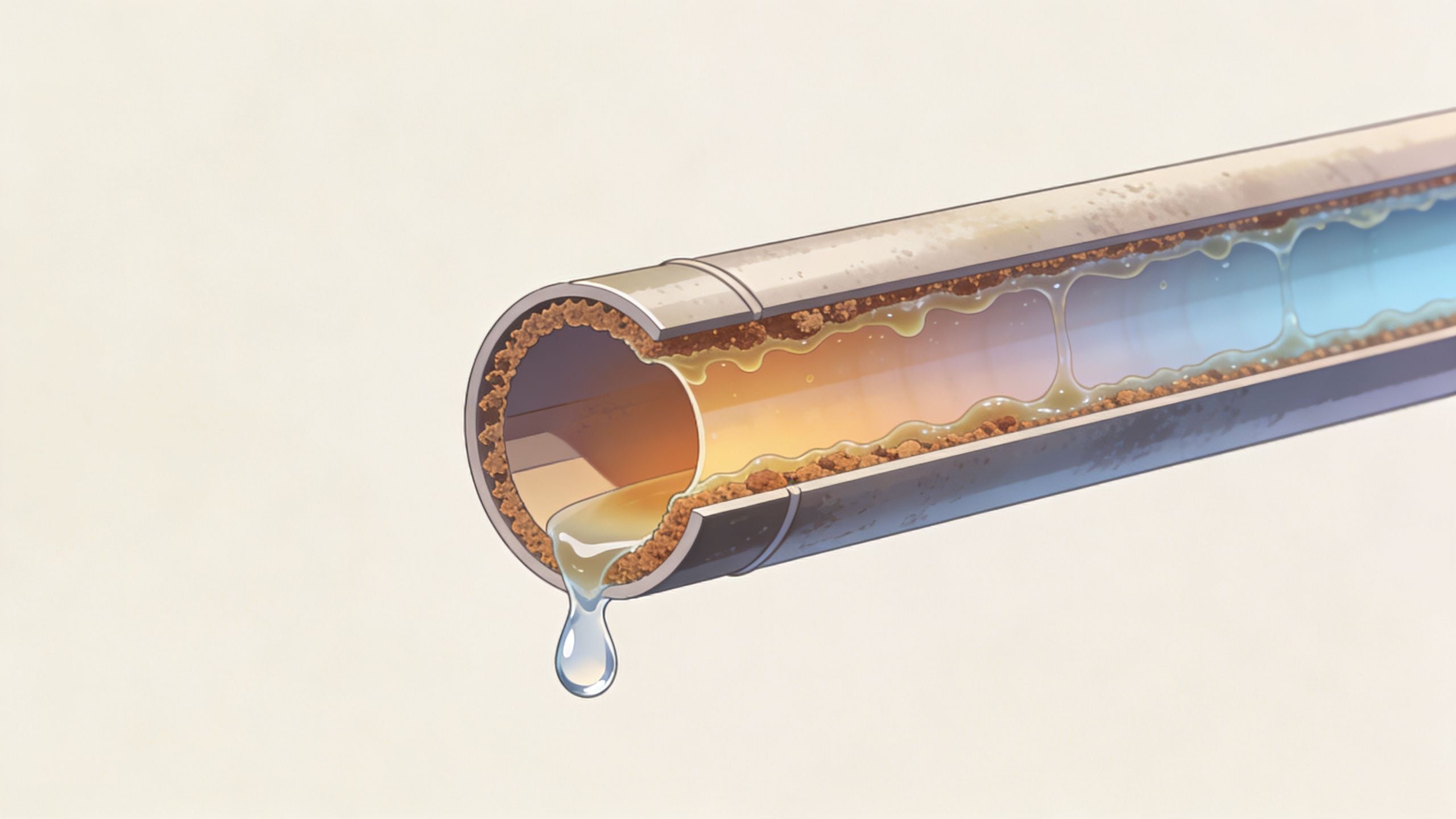 A cross-section illustration of a clogged pipe with buildup inside and liquid dripping from the end.