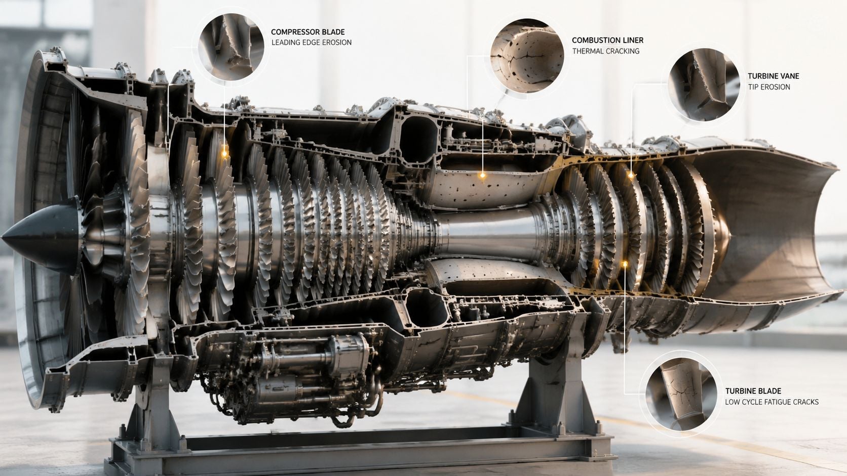 A cutaway view of a jet engine highlighting common mechanical wear and damage in internal components.