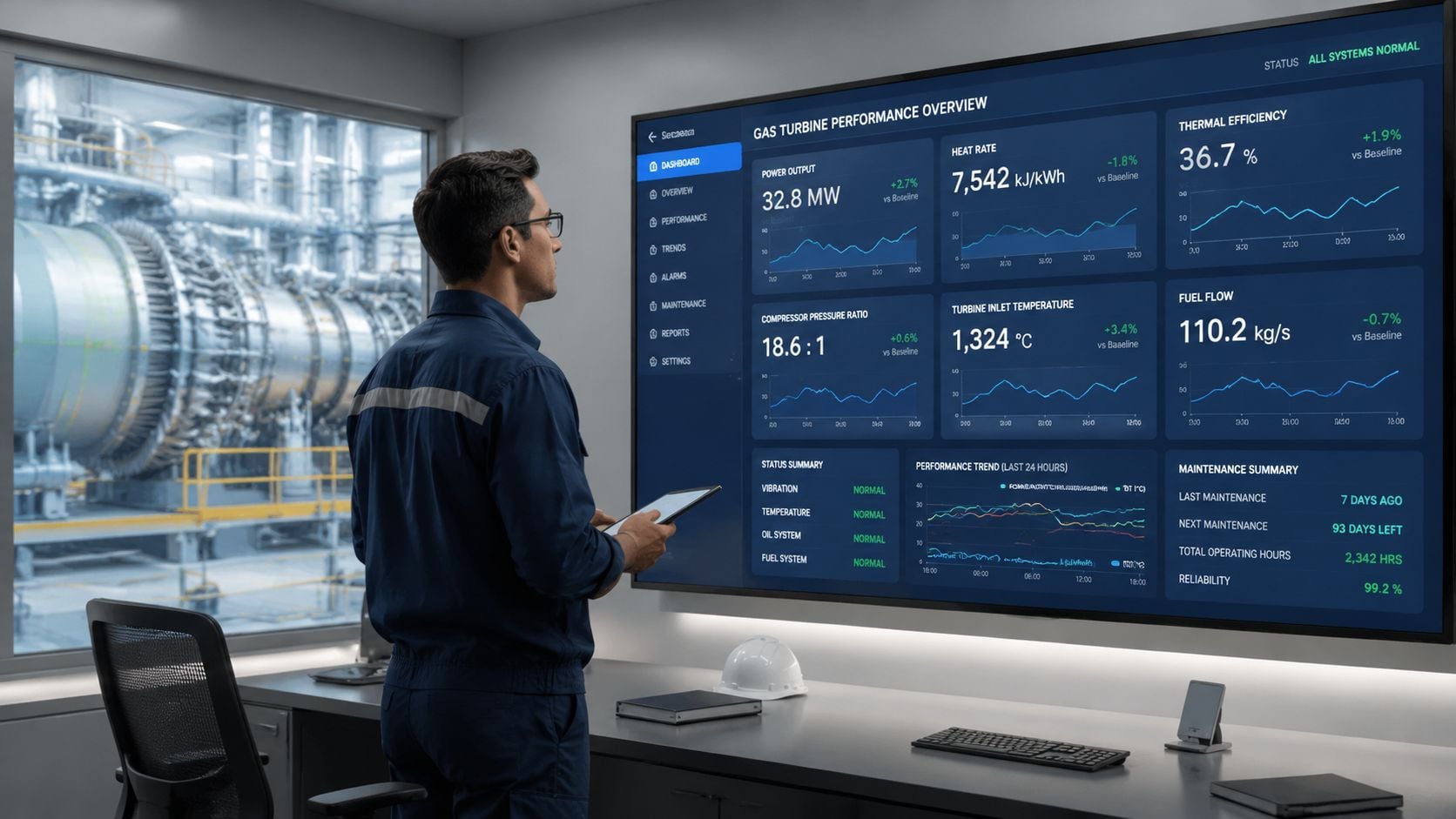 An engineer monitors real-time gas turbine performance data on a large digital dashboard in a control room.