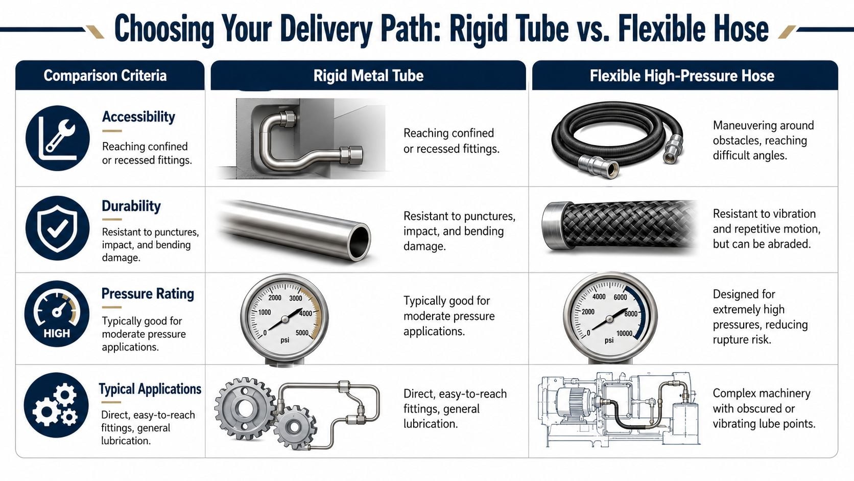 A comparison chart showing the differences between rigid metal tubes and flexible high-pressure hoses for lubrication systems.