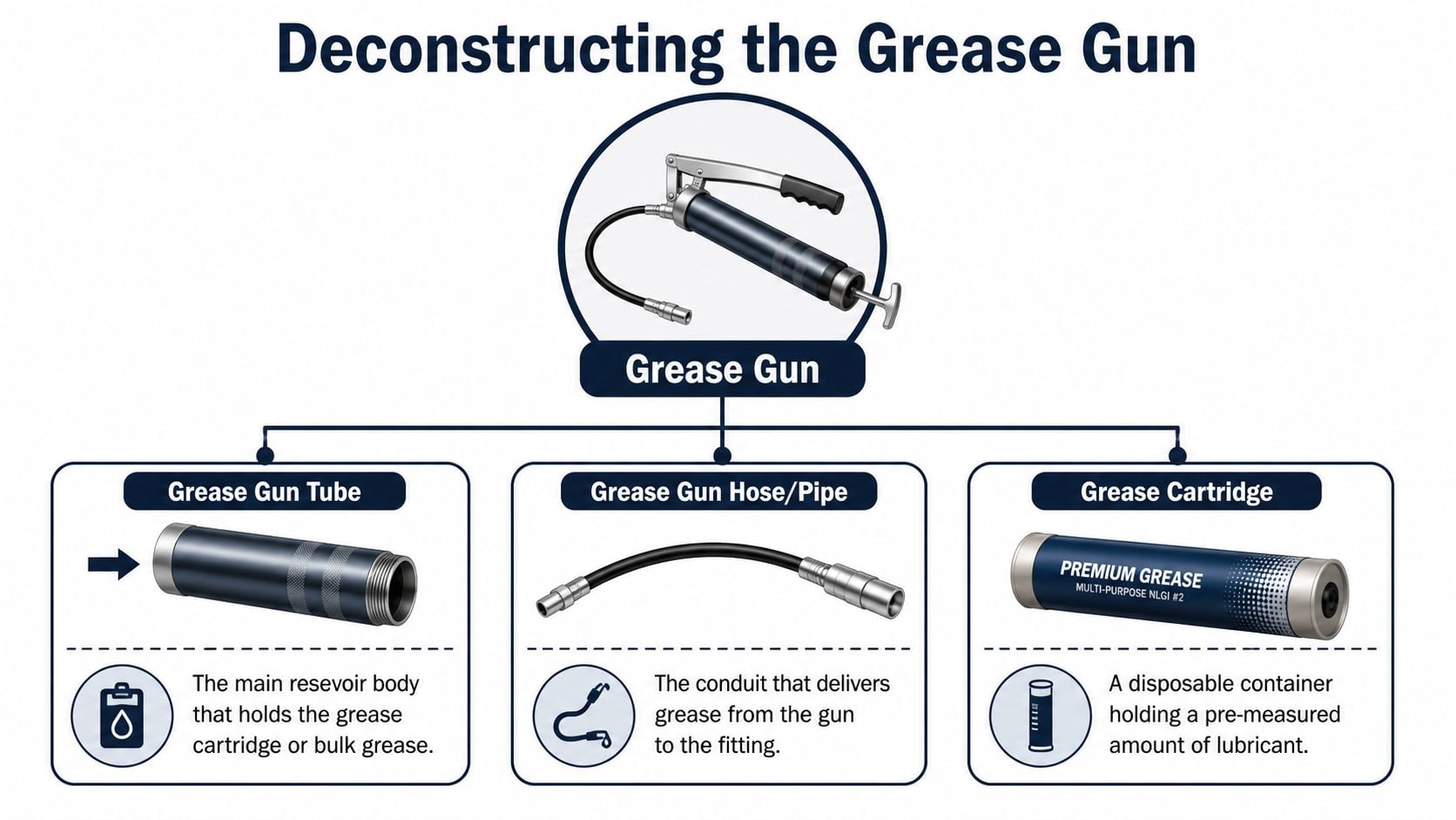 An infographic showing the components of a grease gun including the tube, hose, and grease cartridge.