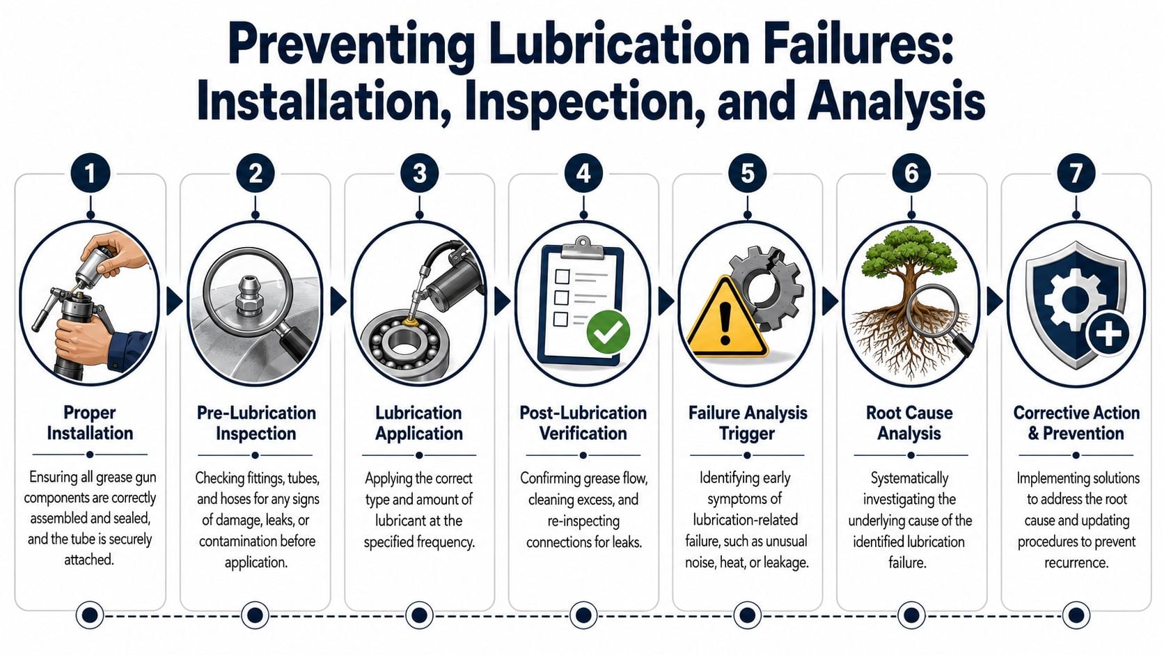 A seven-step process diagram illustrating how to prevent lubrication failures through installation, inspection, and analysis.