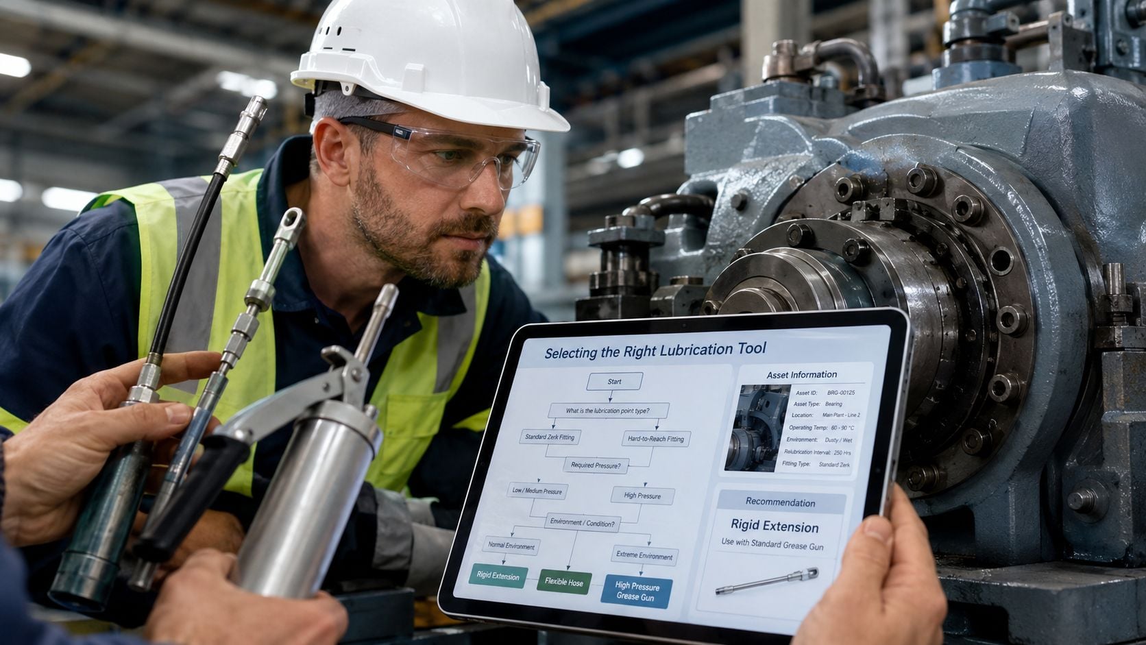 A technician using a tablet to select the proper grease gun tube for industrial machinery maintenance.