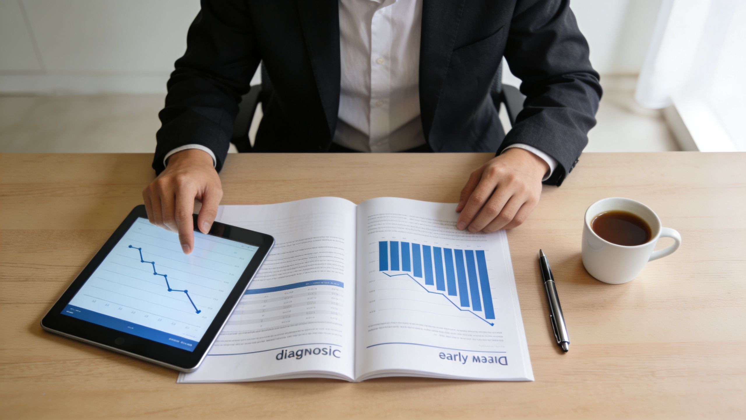 A professional analyzing financial data and charts on a digital tablet and a printed report.