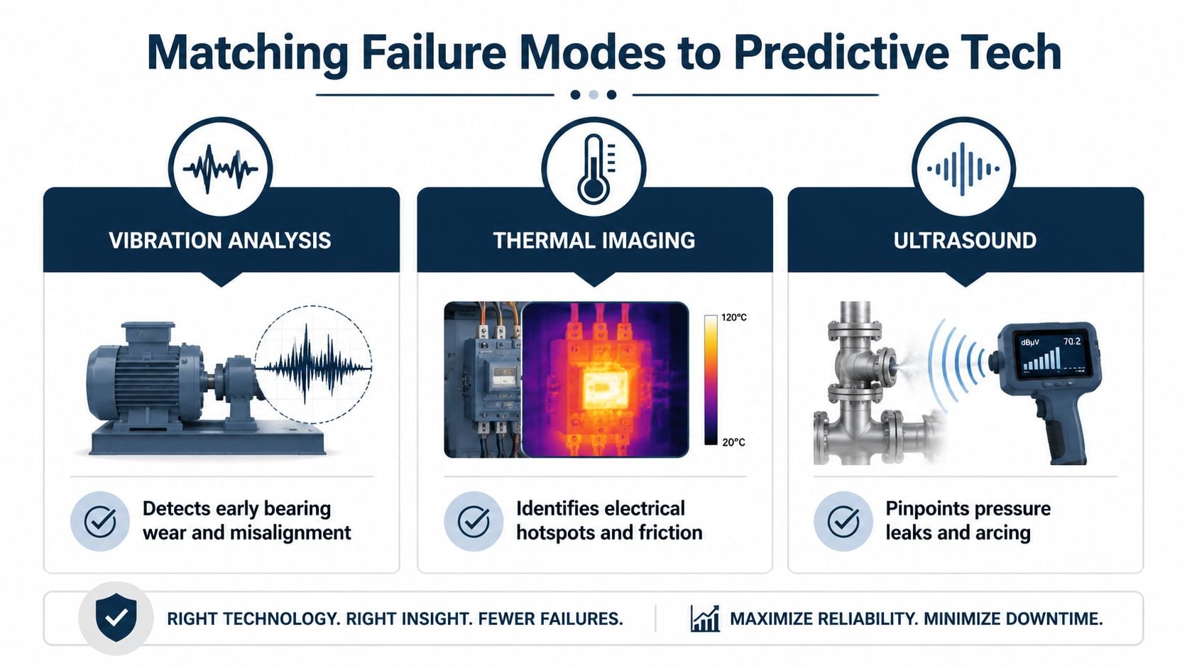 An infographic showing three predictive maintenance technologies: vibration analysis, thermal imaging, and ultrasound for industrial equipment.