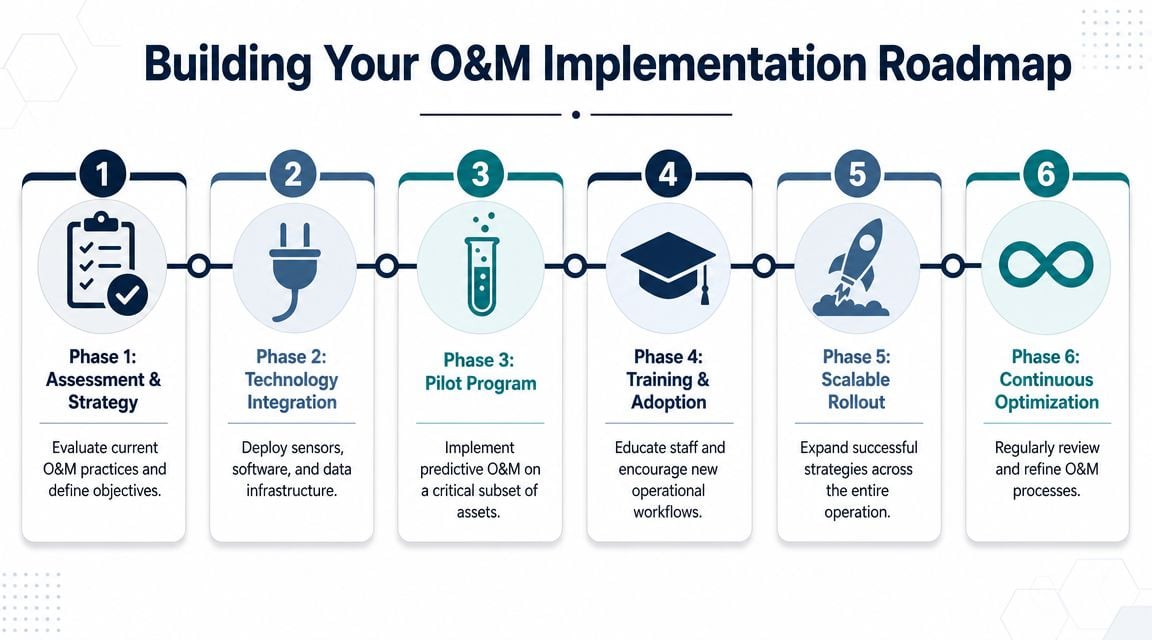 A six-phase roadmap infographic illustrating the strategic steps for implementing effective operation and maintenance procedures.