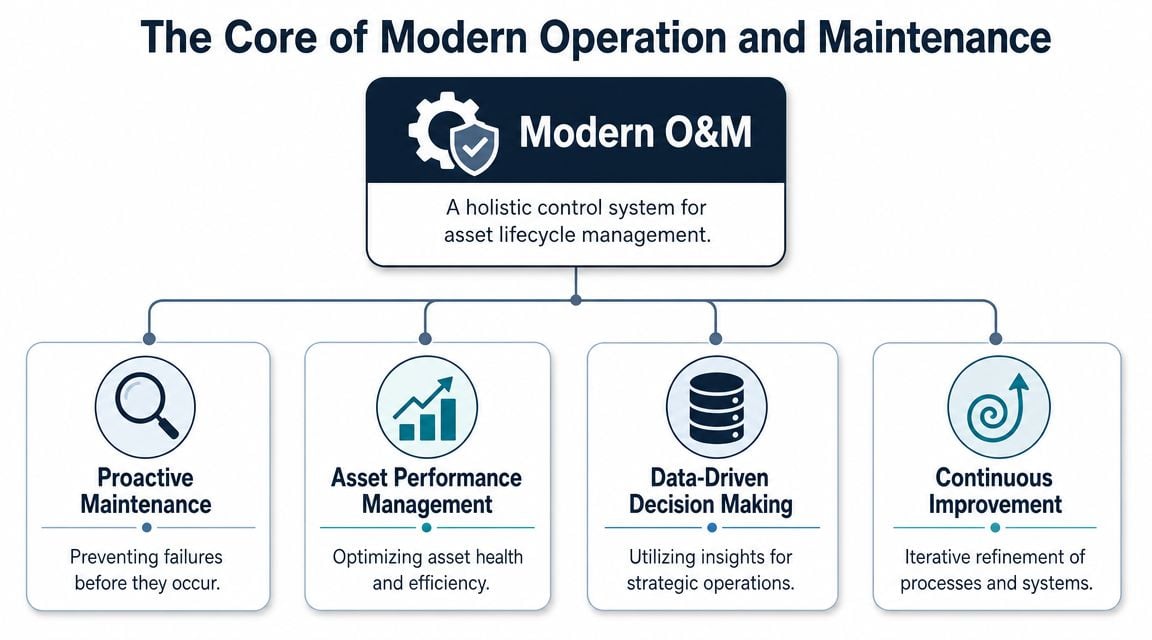 A diagram illustrating the core pillars of modern operation and maintenance for effective asset lifecycle management.
