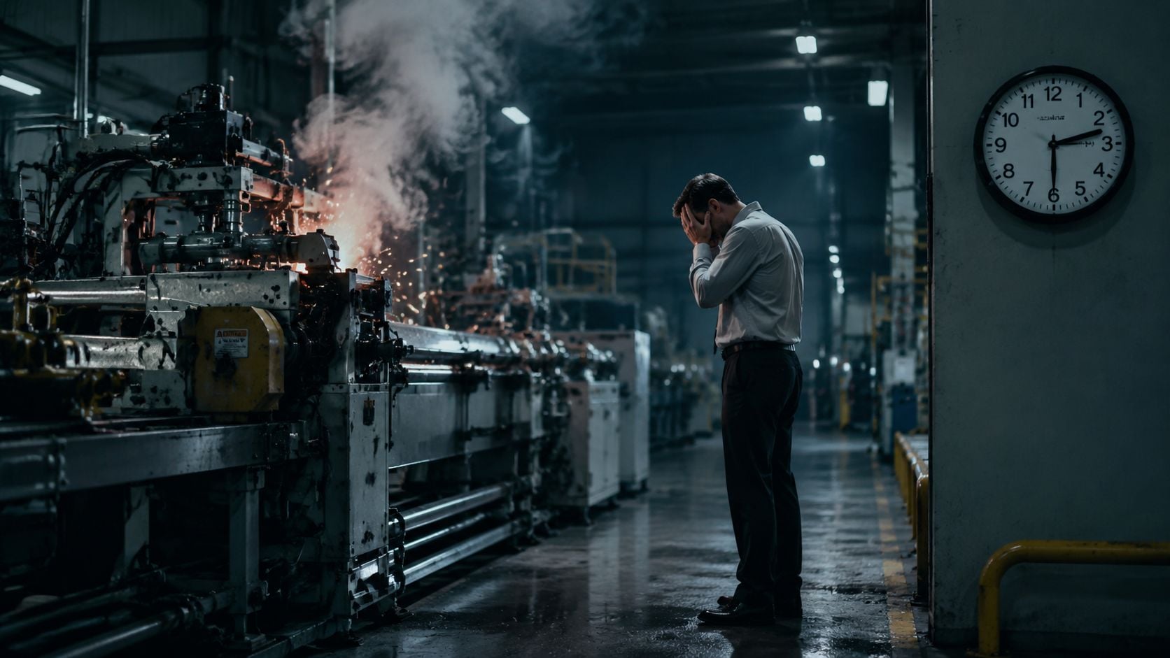 A stressed businessman stands in a dimly lit industrial factory filled with smoke and sparks.