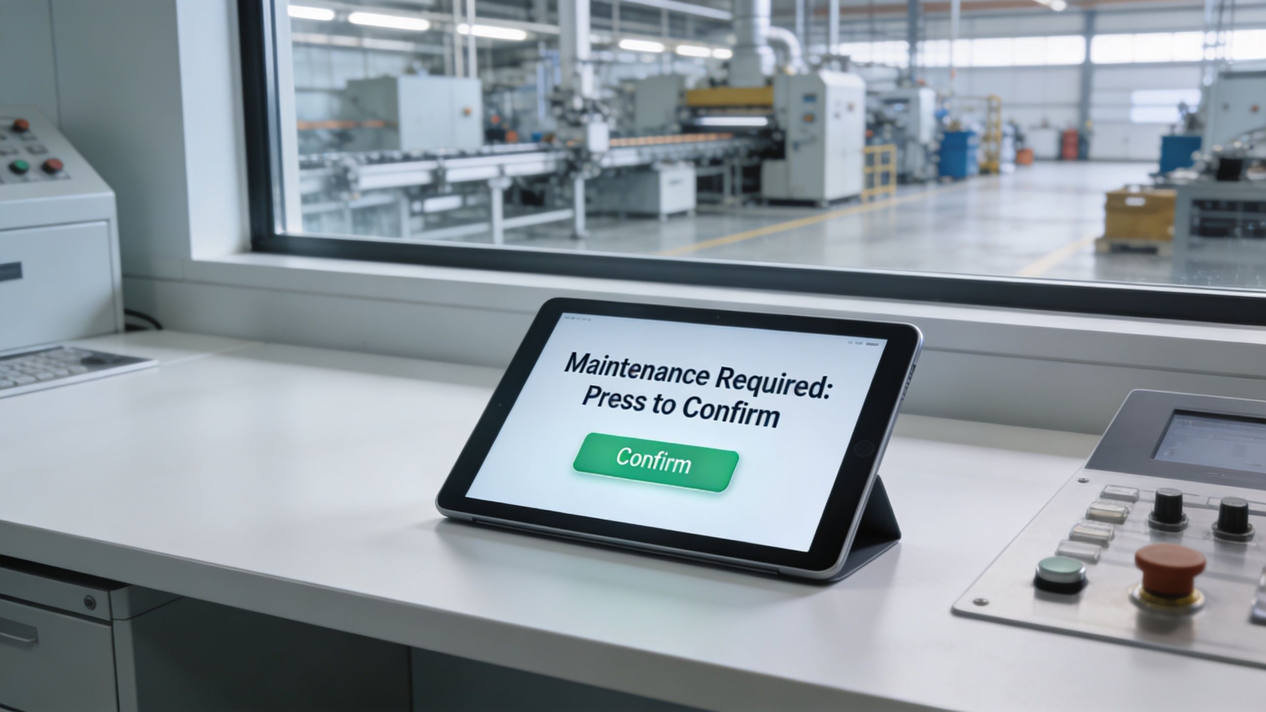A digital tablet showing a maintenance alert with a confirm button on a factory control desk.