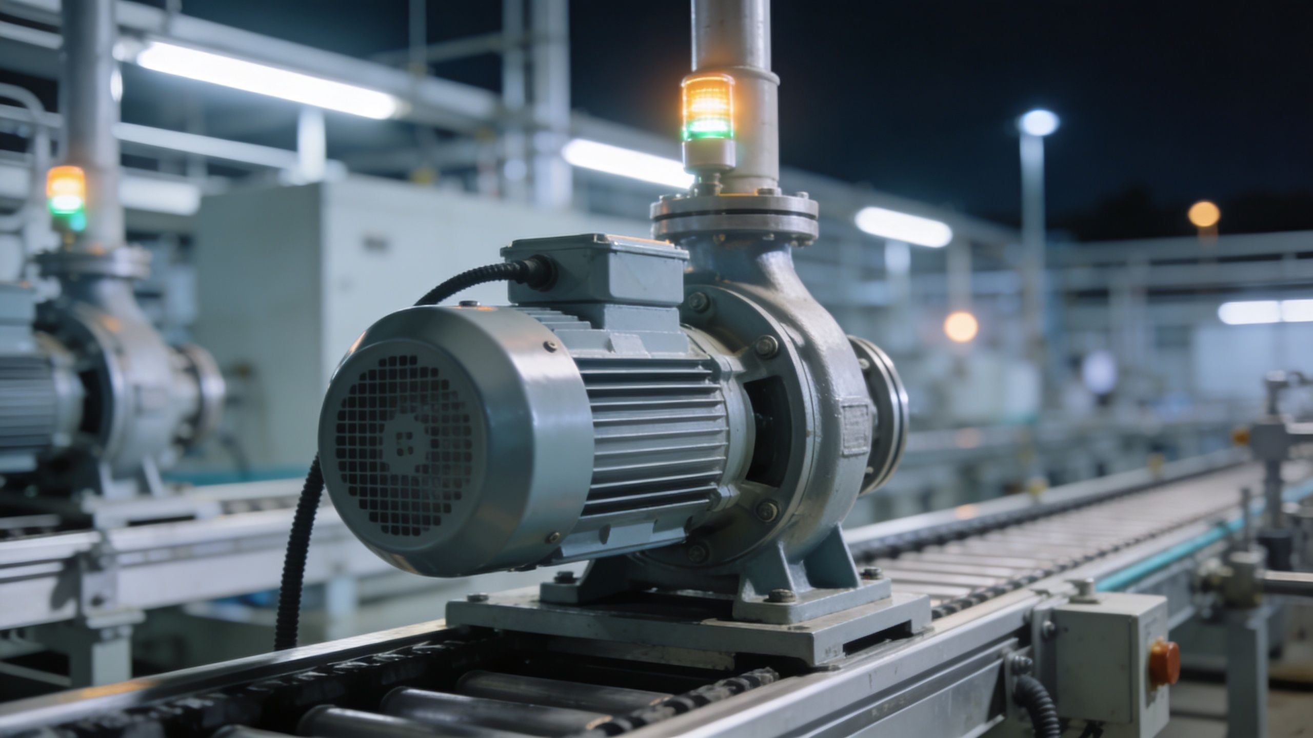 Industrial electric motor and pump assembly installed on a factory conveyor belt system under artificial lighting.
