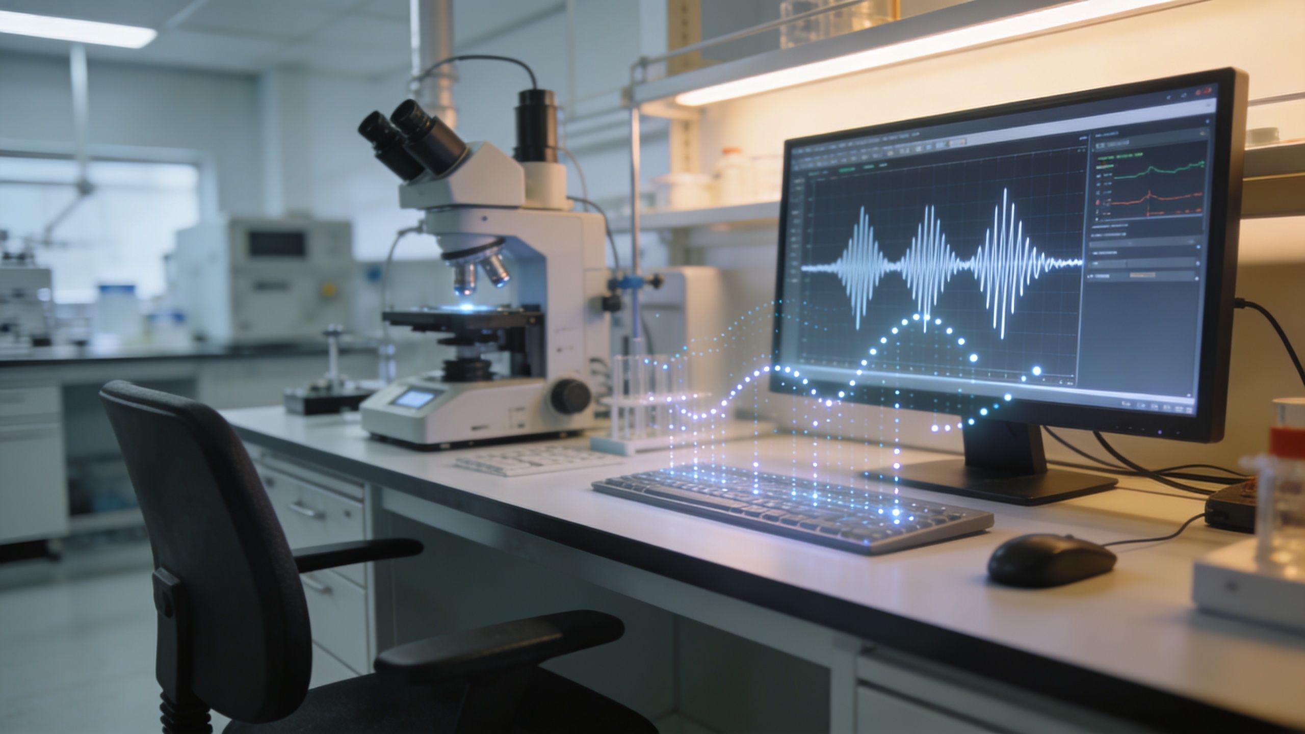 A high-tech laboratory with a microscope, computer displaying wave analysis data, and digital data visualizations.