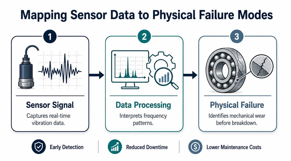 A diagram illustrating the three-step process of mapping vibration sensor data to identify mechanical bearing failure.