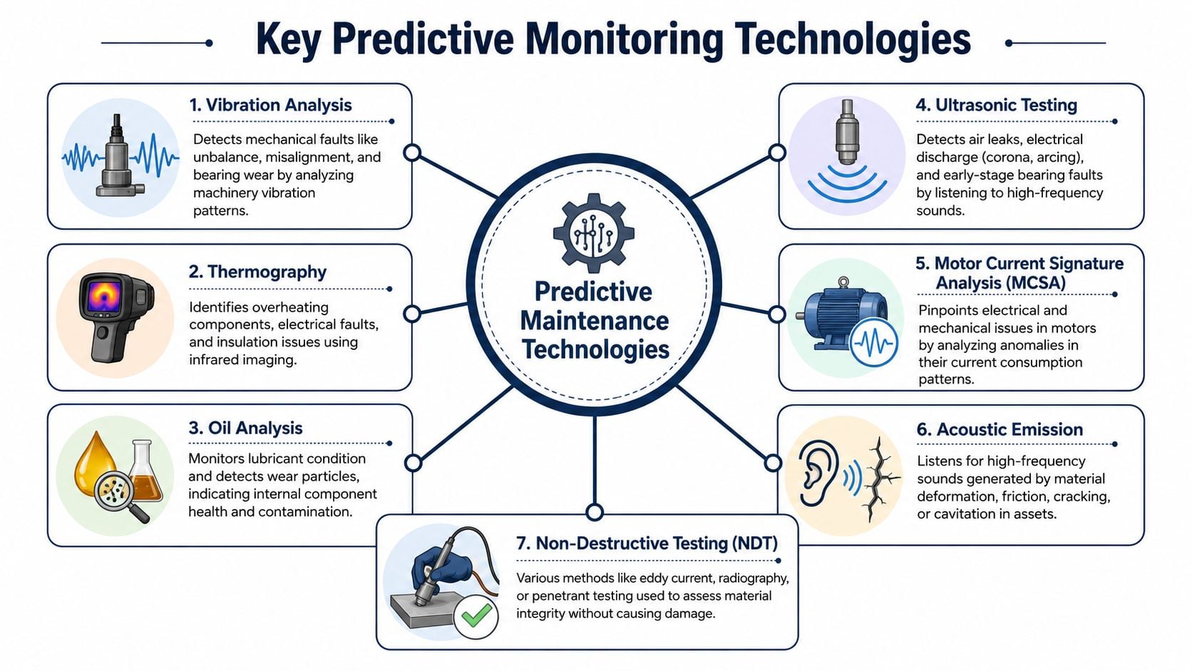 An infographic titled Key Predictive Monitoring Technologies displaying seven different maintenance methods used in industrial asset management.