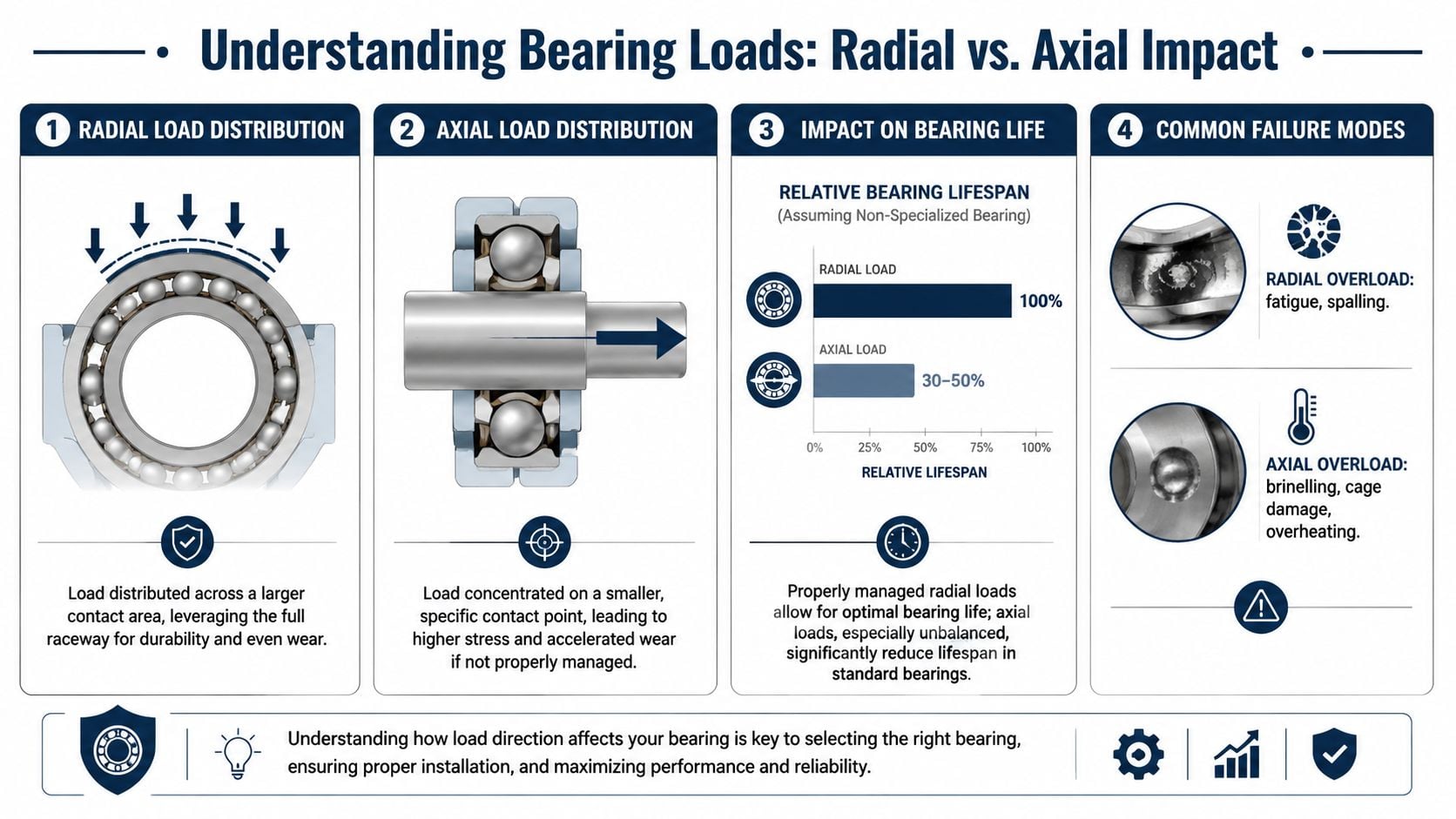 An infographic illustrating the impact of radial versus axial loads on mechanical ball bearing lifespan and performance.