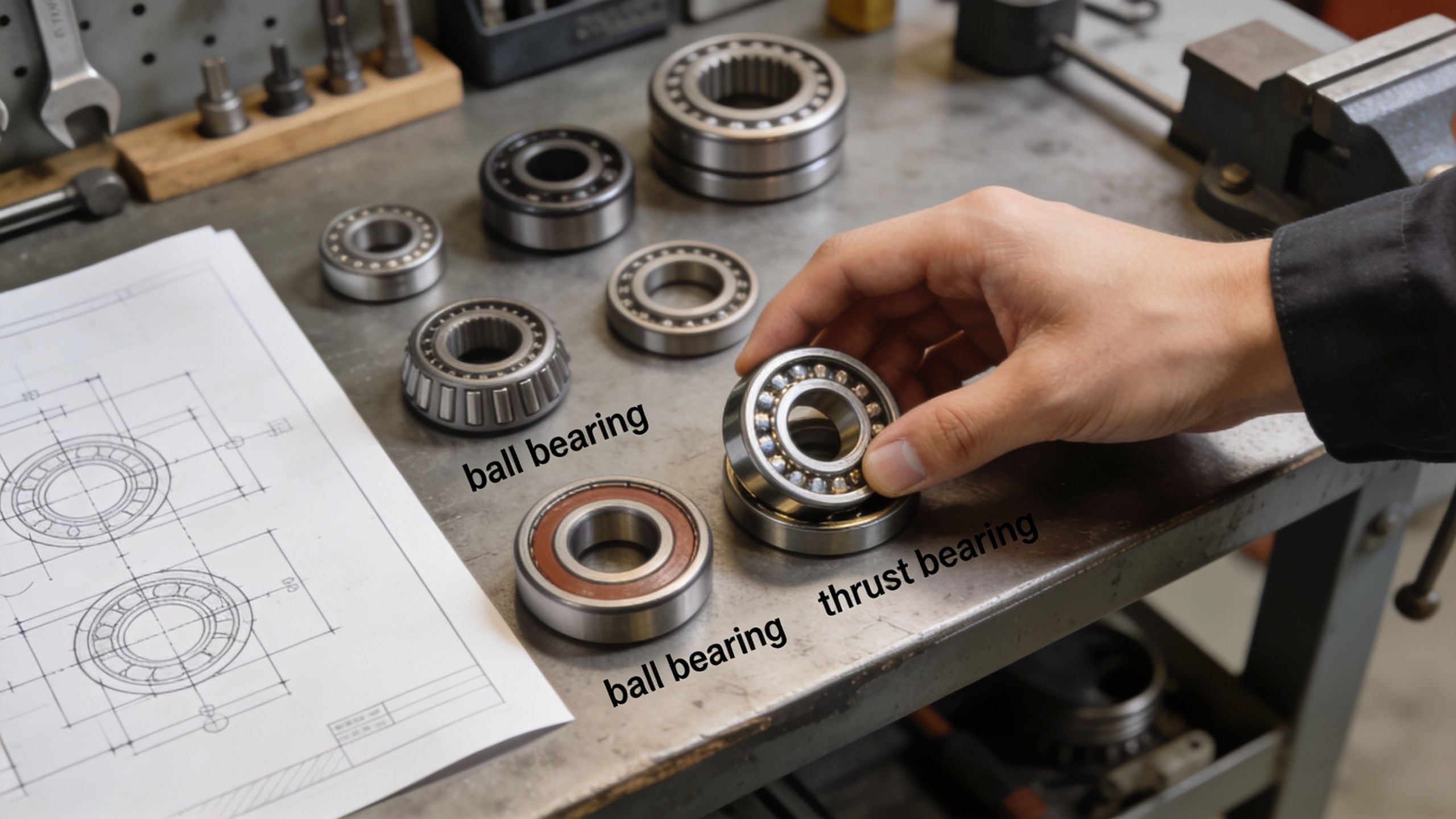 A technician holds a ball bearing on a workbench with various mechanical bearings and engineering blueprints.