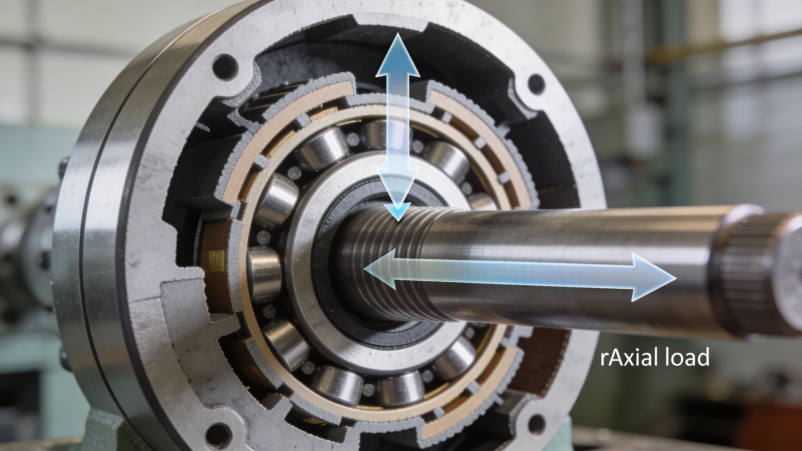 A cross-section of a cylindrical roller bearing displaying radial and axial load force directions on a shaft.