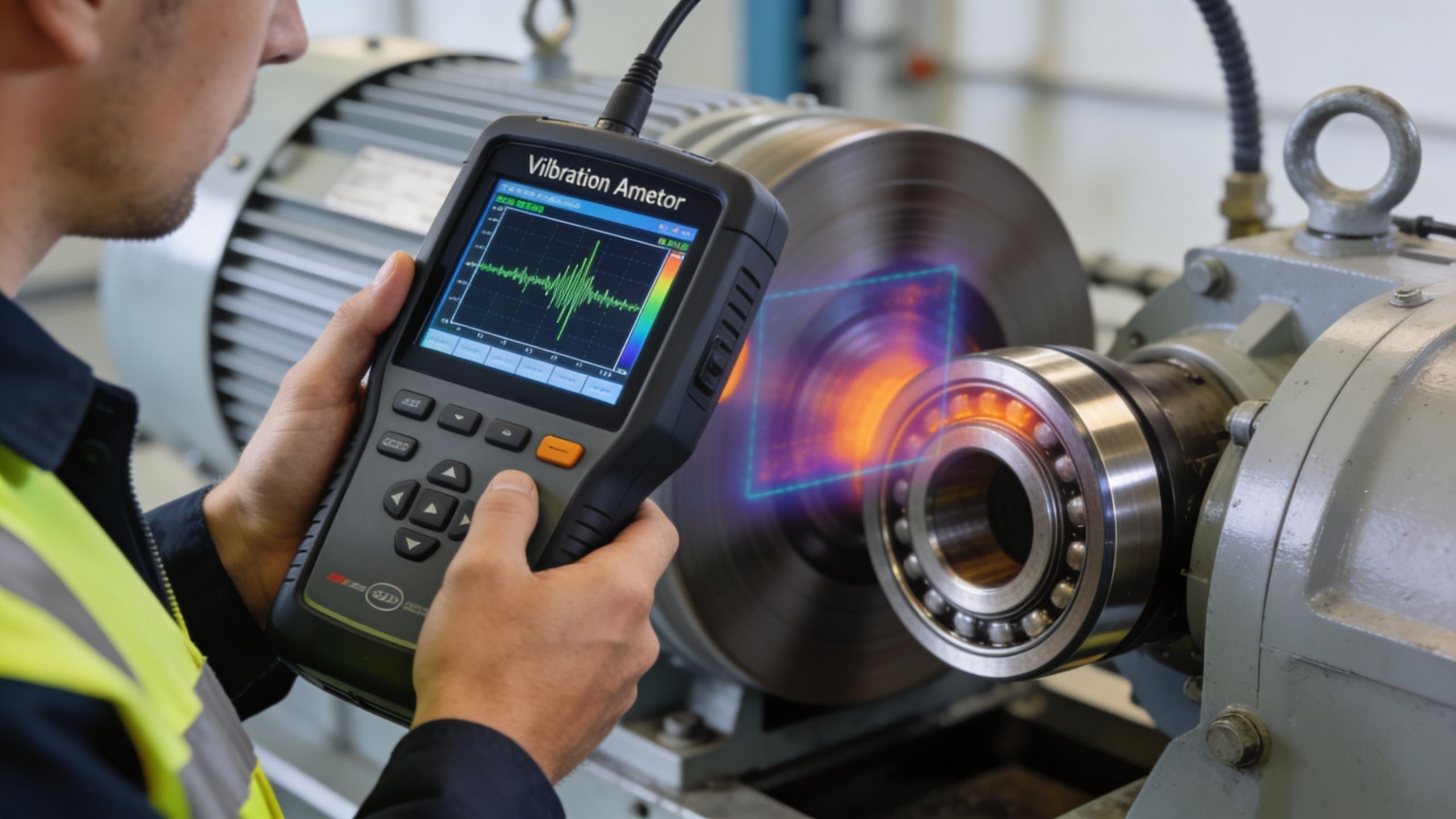 A technician using a handheld vibration meter to analyze the mechanical health of an industrial motor bearing.