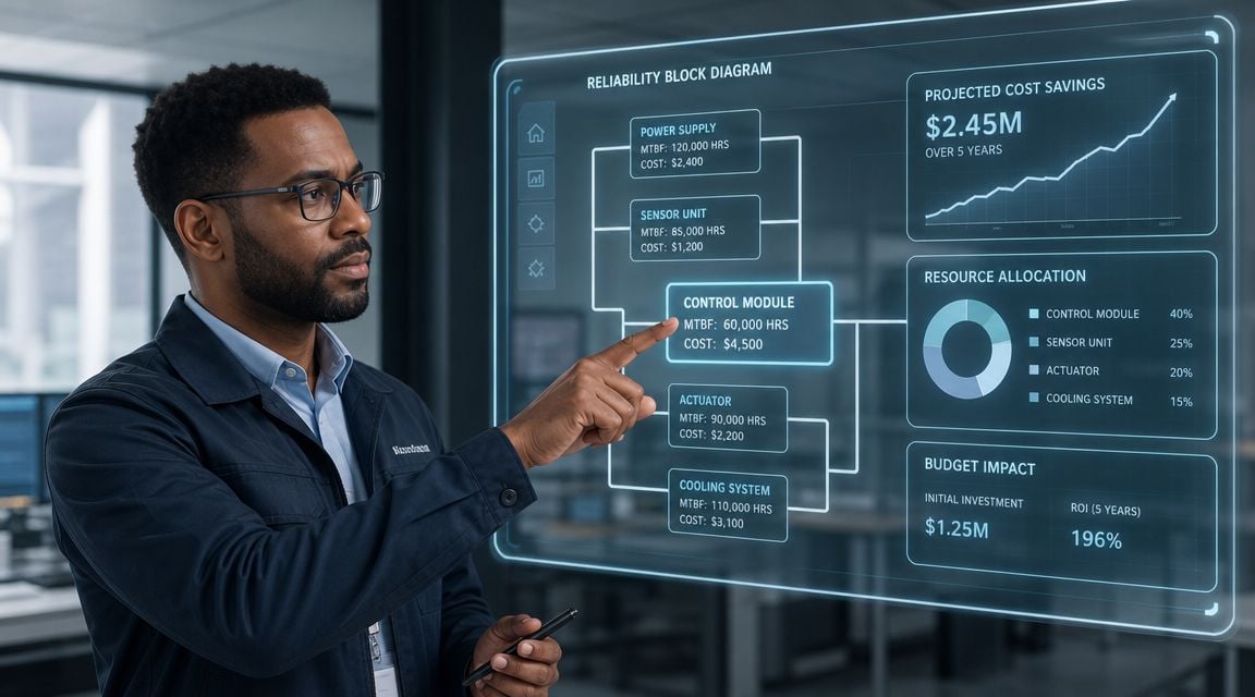 A professional man interacting with a holographic display featuring reliability block diagrams and project data analytics.