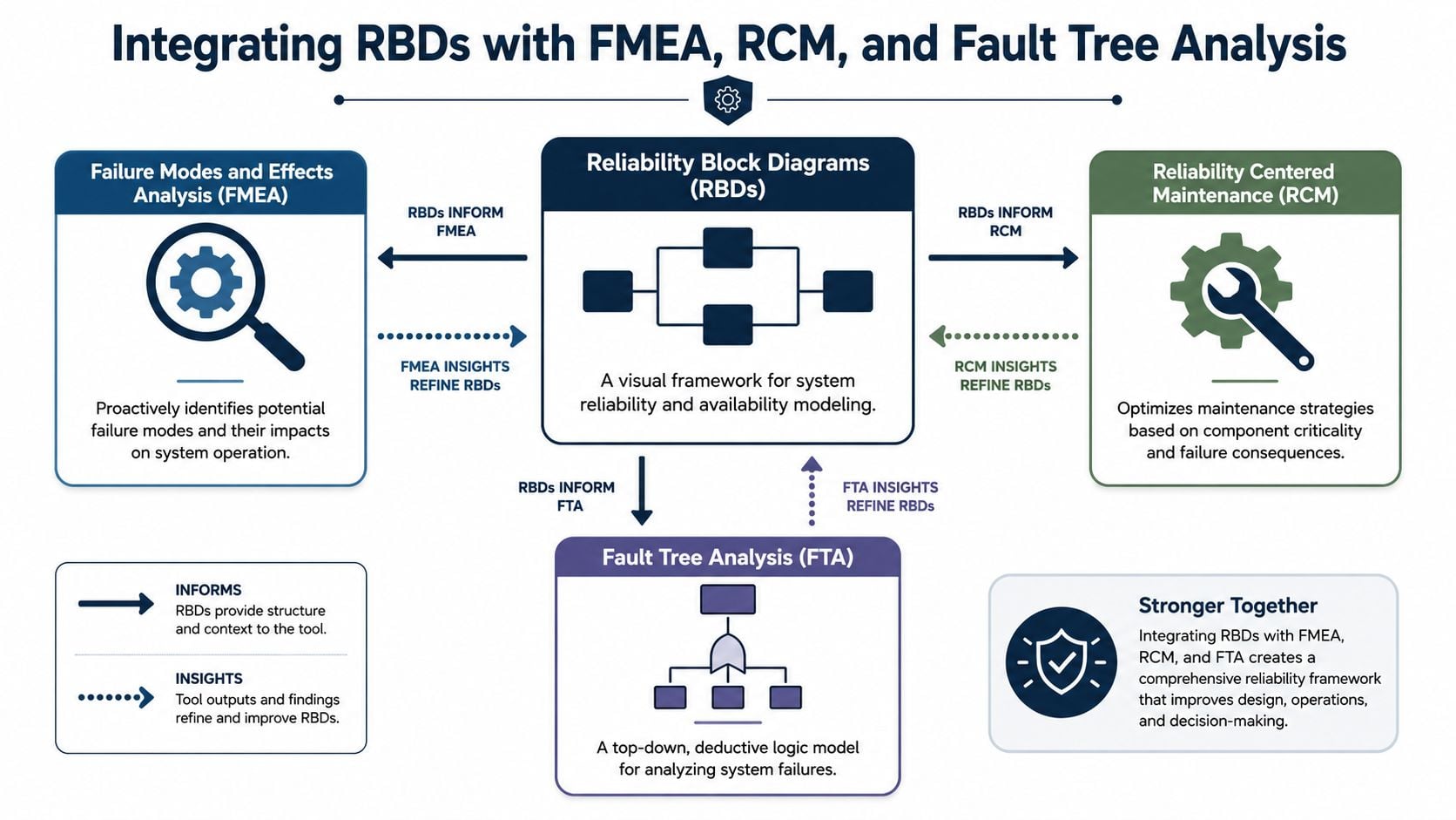 A diagram illustrating the integration of Reliability Block Diagrams with FMEA, RCM, and Fault Tree Analysis methodologies.