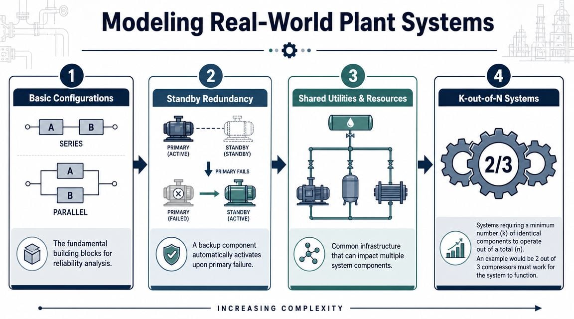 A diagram outlining four methods for modeling plant systems including basic configurations, redundancy, shared resources, and k-out-of-n systems.