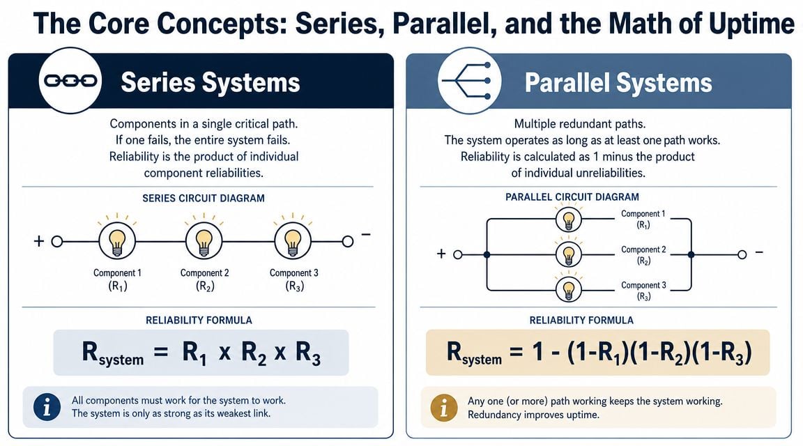 An infographic illustrating reliability block diagrams comparing series and parallel system architectures and their mathematical formulas.
