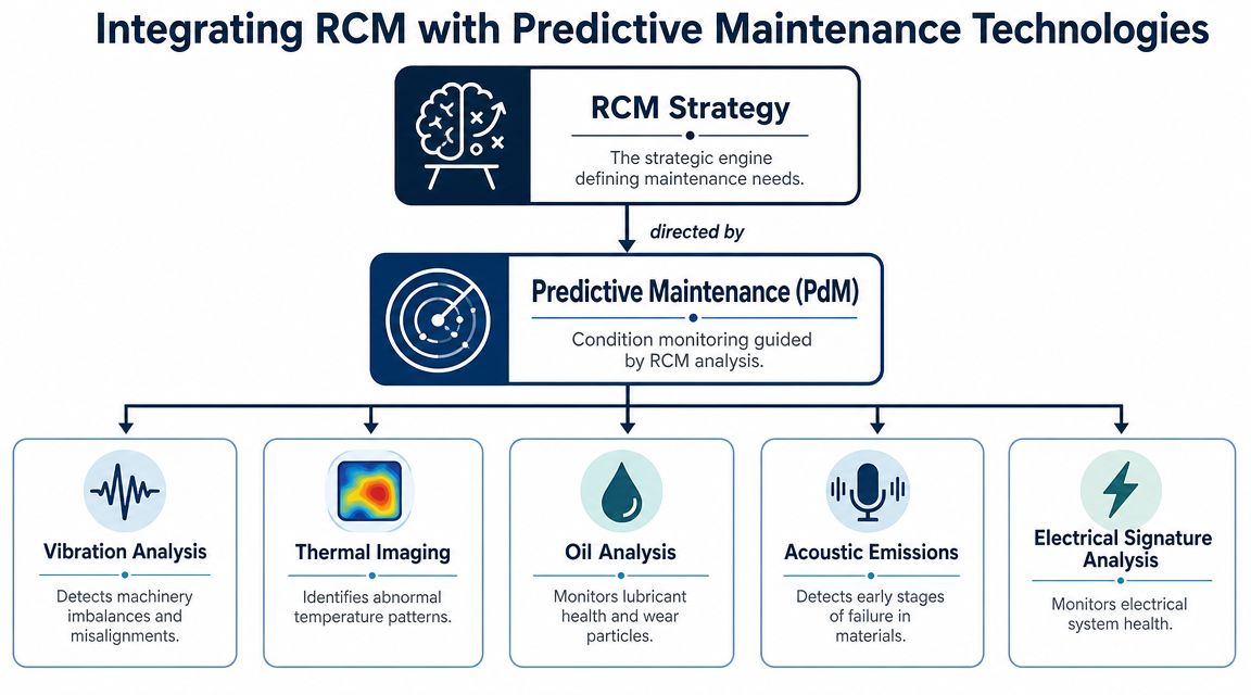 A diagram illustrating the integration of Reliability Centered Maintenance strategy with various Predictive Maintenance technologies.