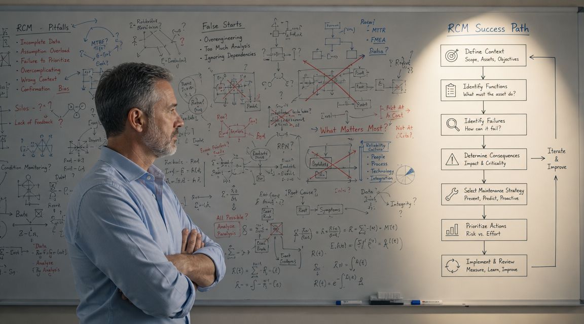 A professional man observing a complex whiteboard diagram outlining the RCM Success Path workflow steps.