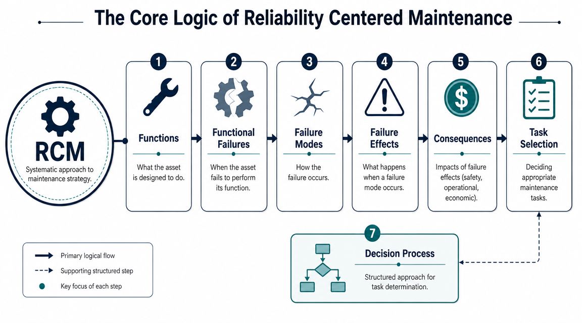 A diagram outlining the seven steps of Reliability Centered Maintenance, illustrating the systematic workflow for maintenance strategy.