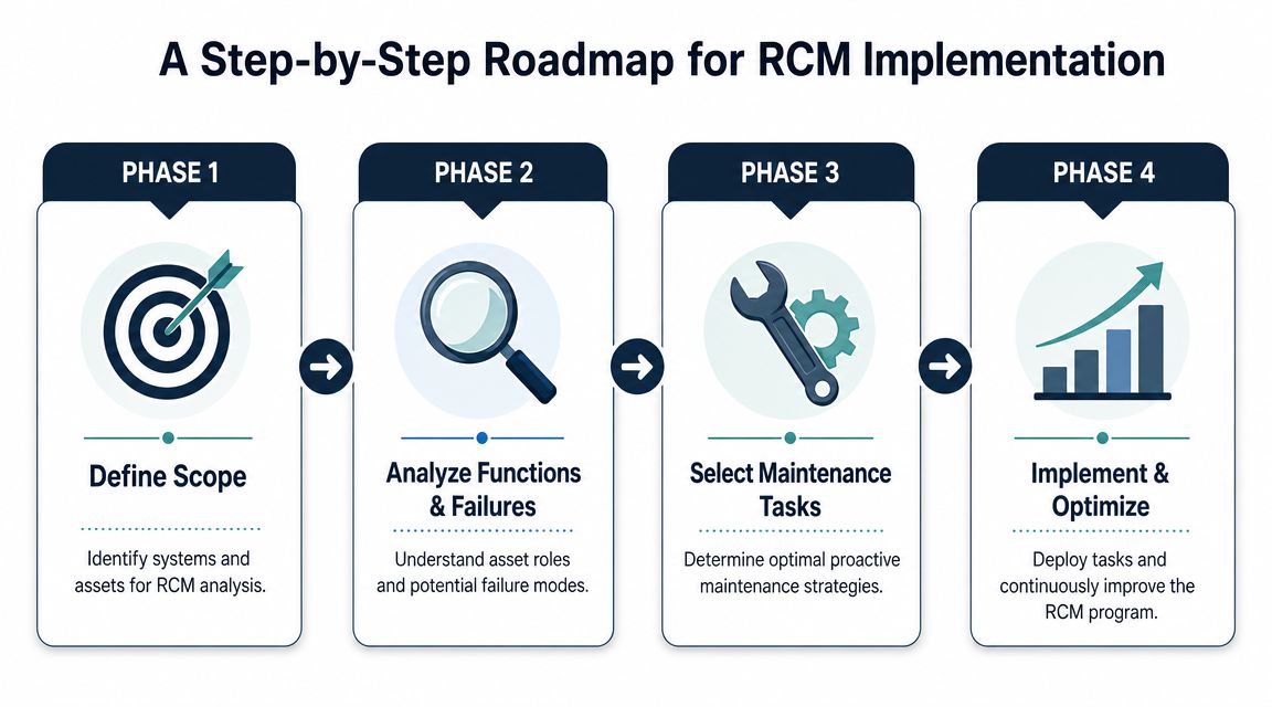 A four-phase step-by-step roadmap for implementing Reliability Centered Maintenance in industrial asset management.