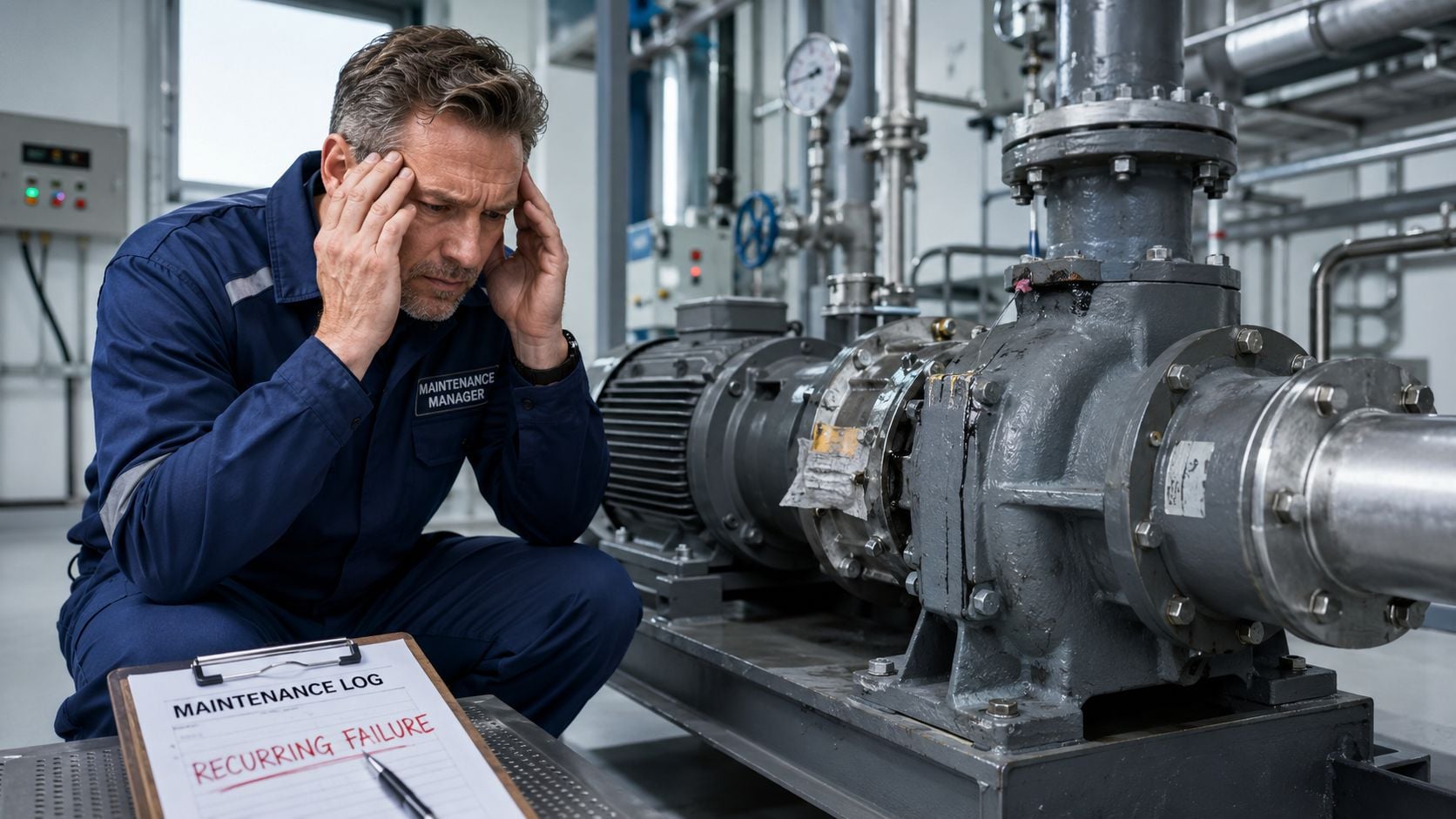 A maintenance manager looks stressed while inspecting industrial machinery with recurring failure recorded on his log.