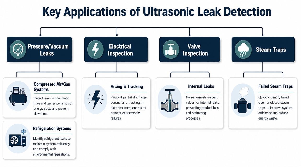 A diagram outlining the key industrial applications of ultrasonic leak detection technology for various maintenance tasks.