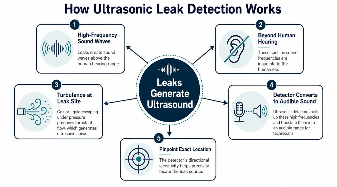 A diagram illustrating how ultrasonic leak detection works, highlighting sound waves, frequency ranges, and pinpointing leak sources.