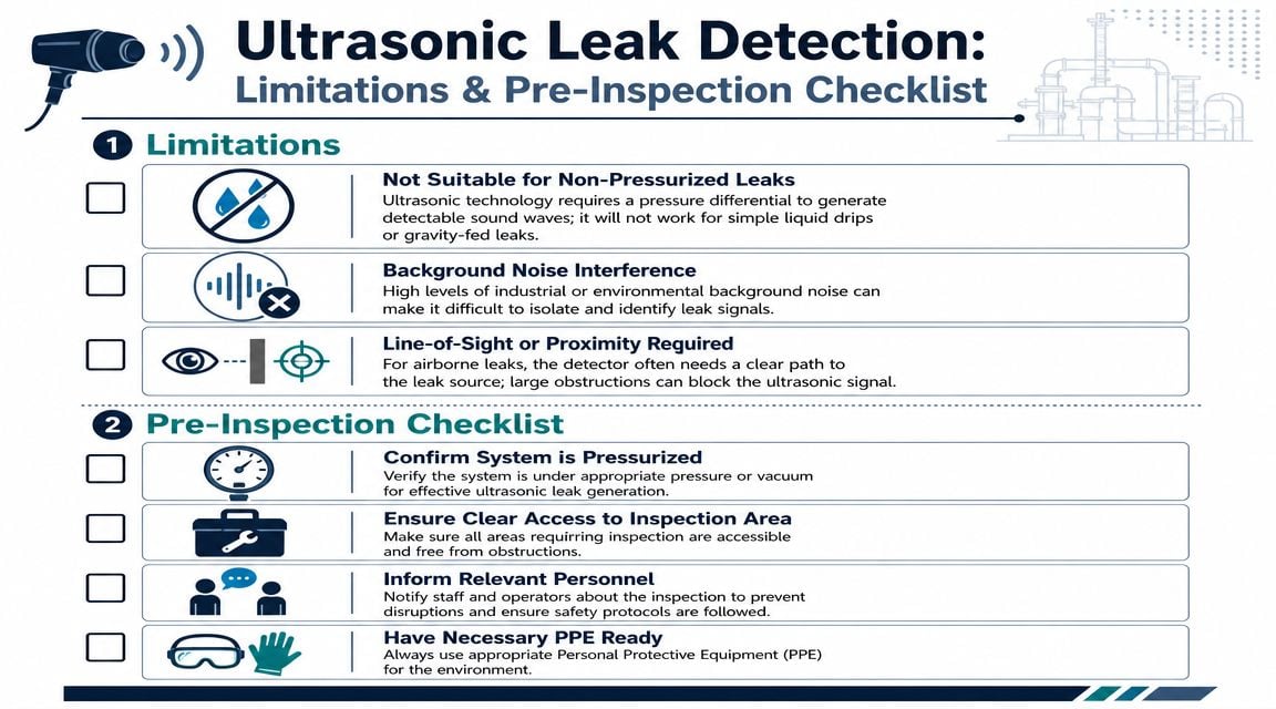An infographic detailing limitations and a pre-inspection checklist for performing ultrasonic leak detection in industrial settings.