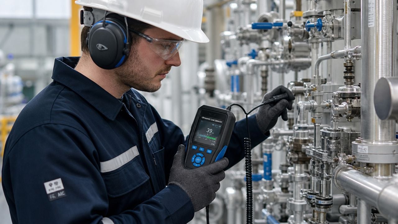 A technician wearing a hard hat and safety glasses using an ultrasonic leak detector on industrial pipes.