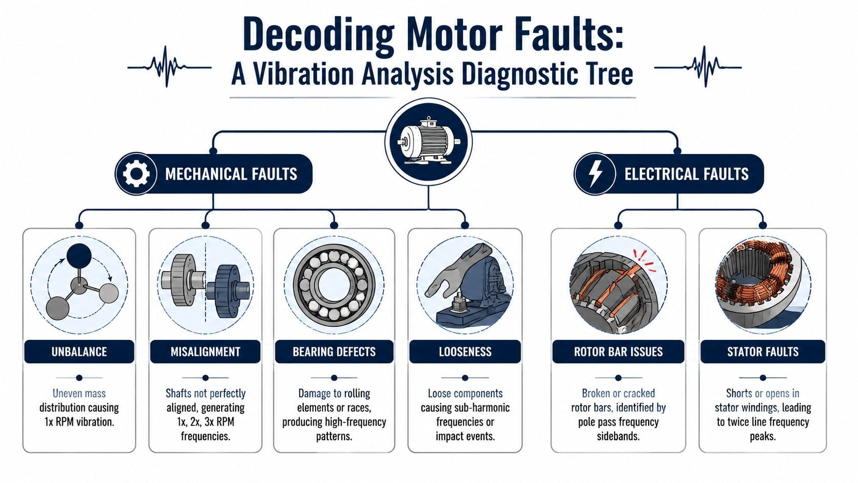 A diagnostic tree infographic illustrating common mechanical and electrical faults for vibration analysis in electric motors.