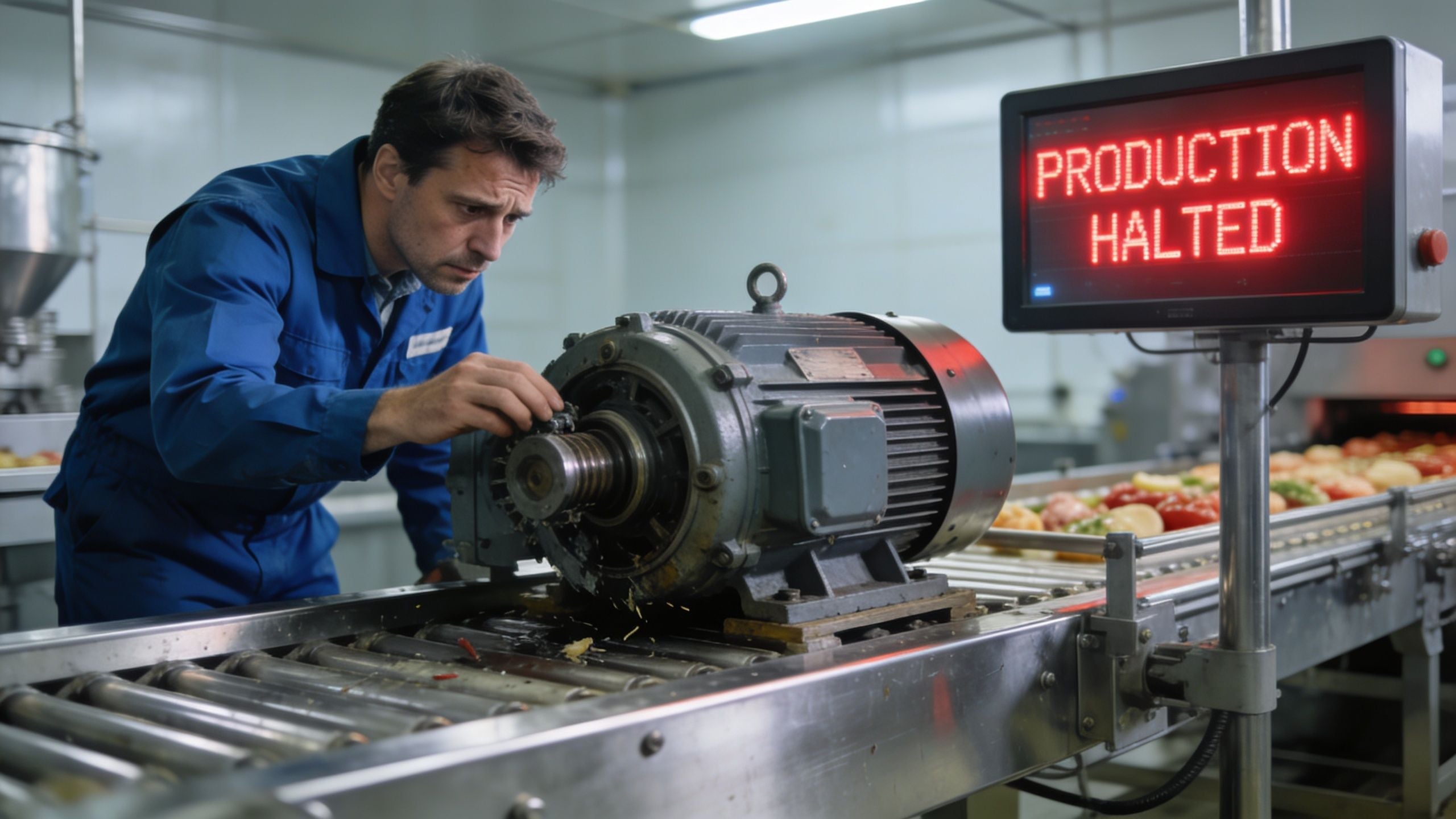 An industrial technician inspects a manufacturing motor on a production line while a digital sign indicates production halted.