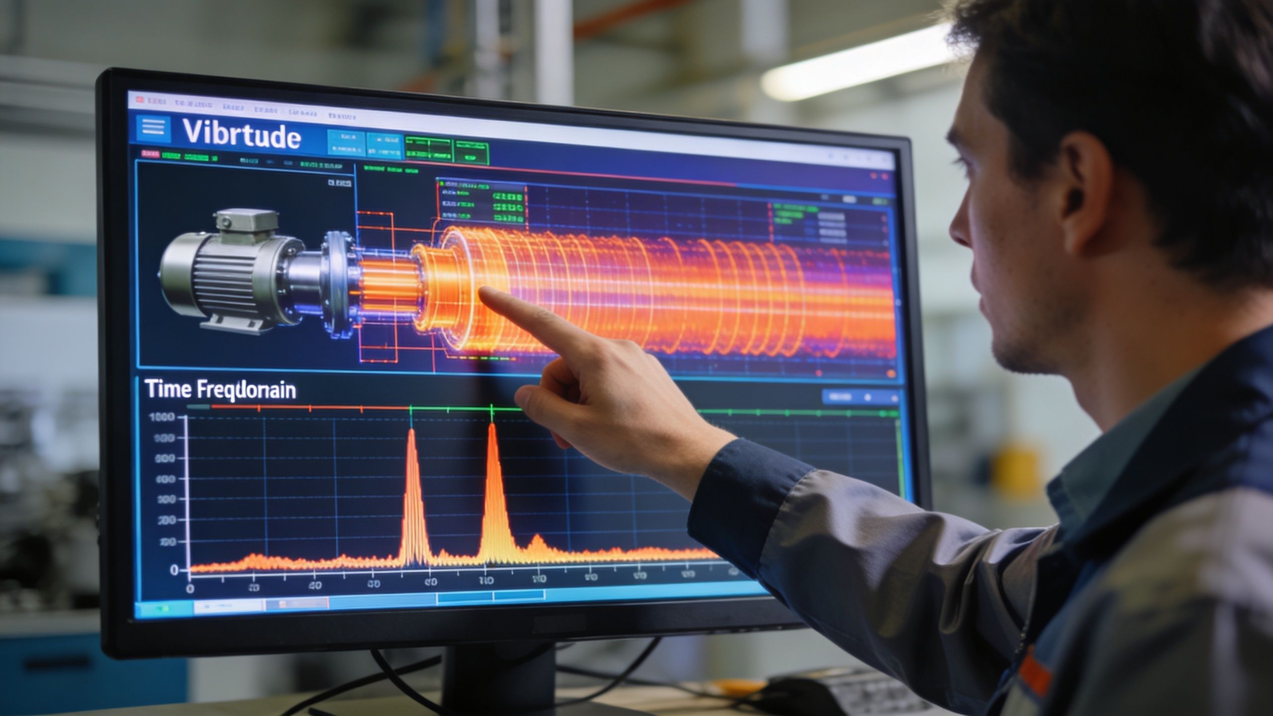 An engineer analyzing vibration frequency data on a computer screen for a motor maintenance application.