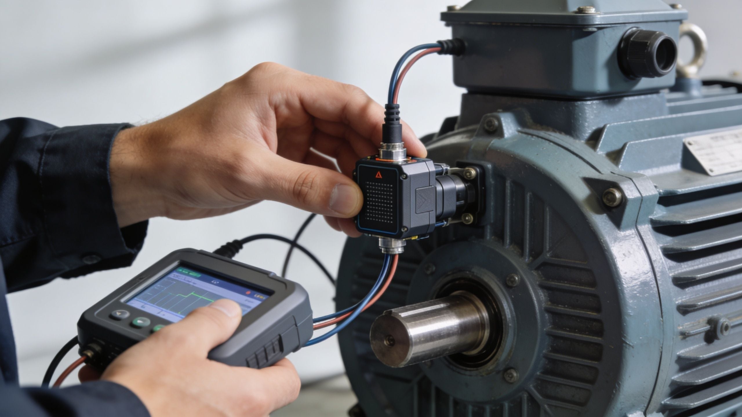 A technician performing vibration analysis on an industrial electric motor using a handheld diagnostic sensor device.