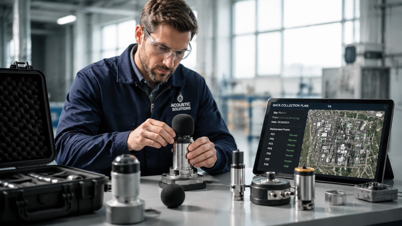 A technician wearing safety glasses adjusts acoustic monitoring equipment on a workbench in an industrial setting.