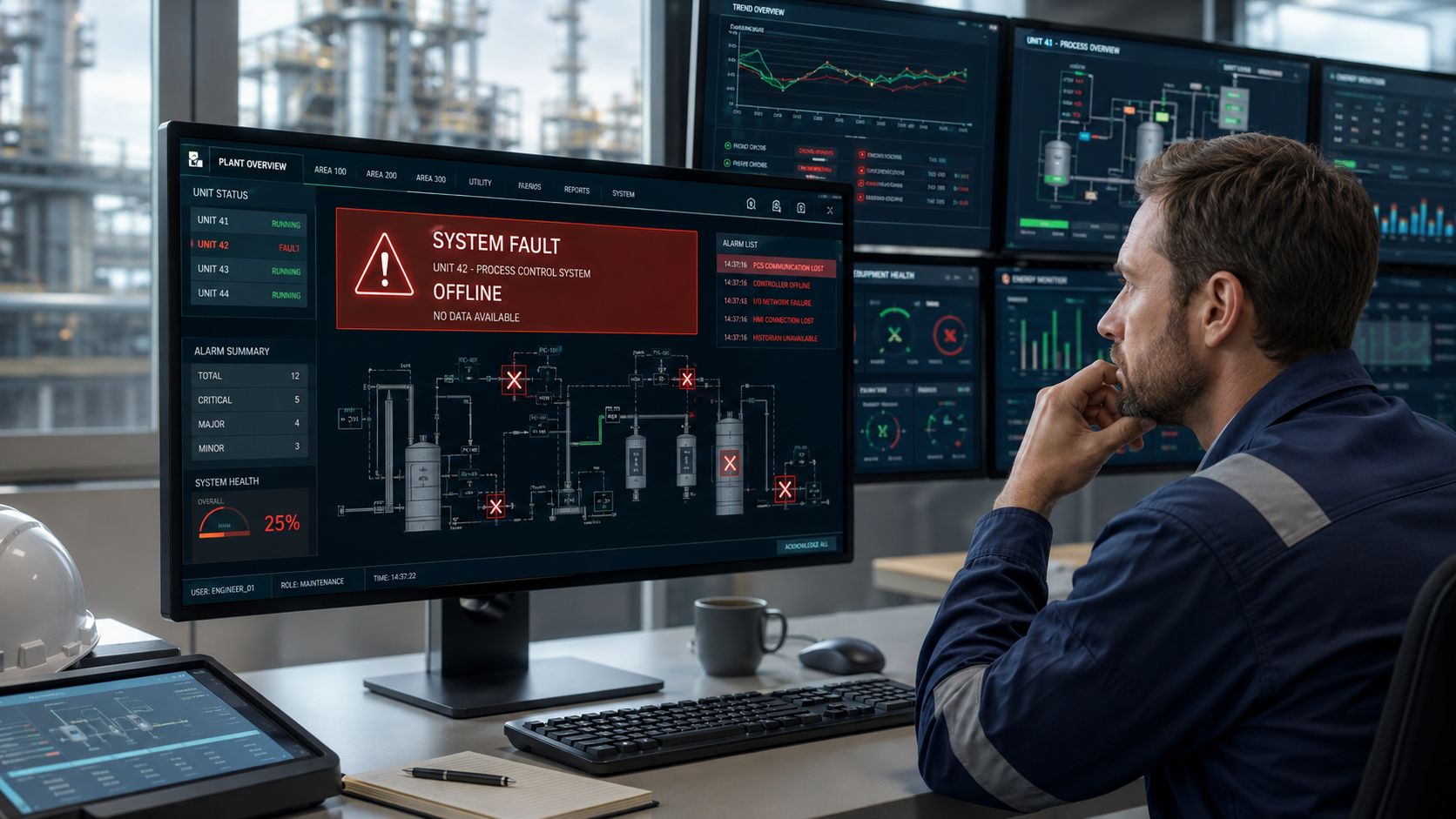 An industrial engineer monitoring a system fault on a computer screen in a control room setting.