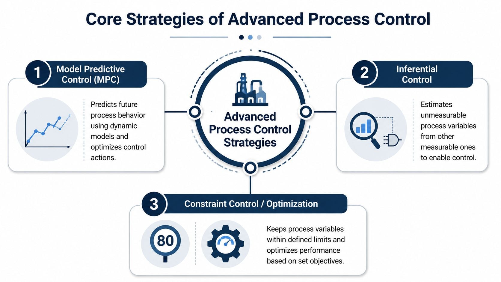 A diagram outlining the three core strategies of advanced process control: MPC, Inferential Control, and Constraint Optimization.