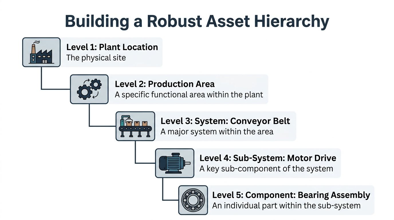 A diagram illustrating a five-level robust asset hierarchy for industrial equipment management in a manufacturing facility.